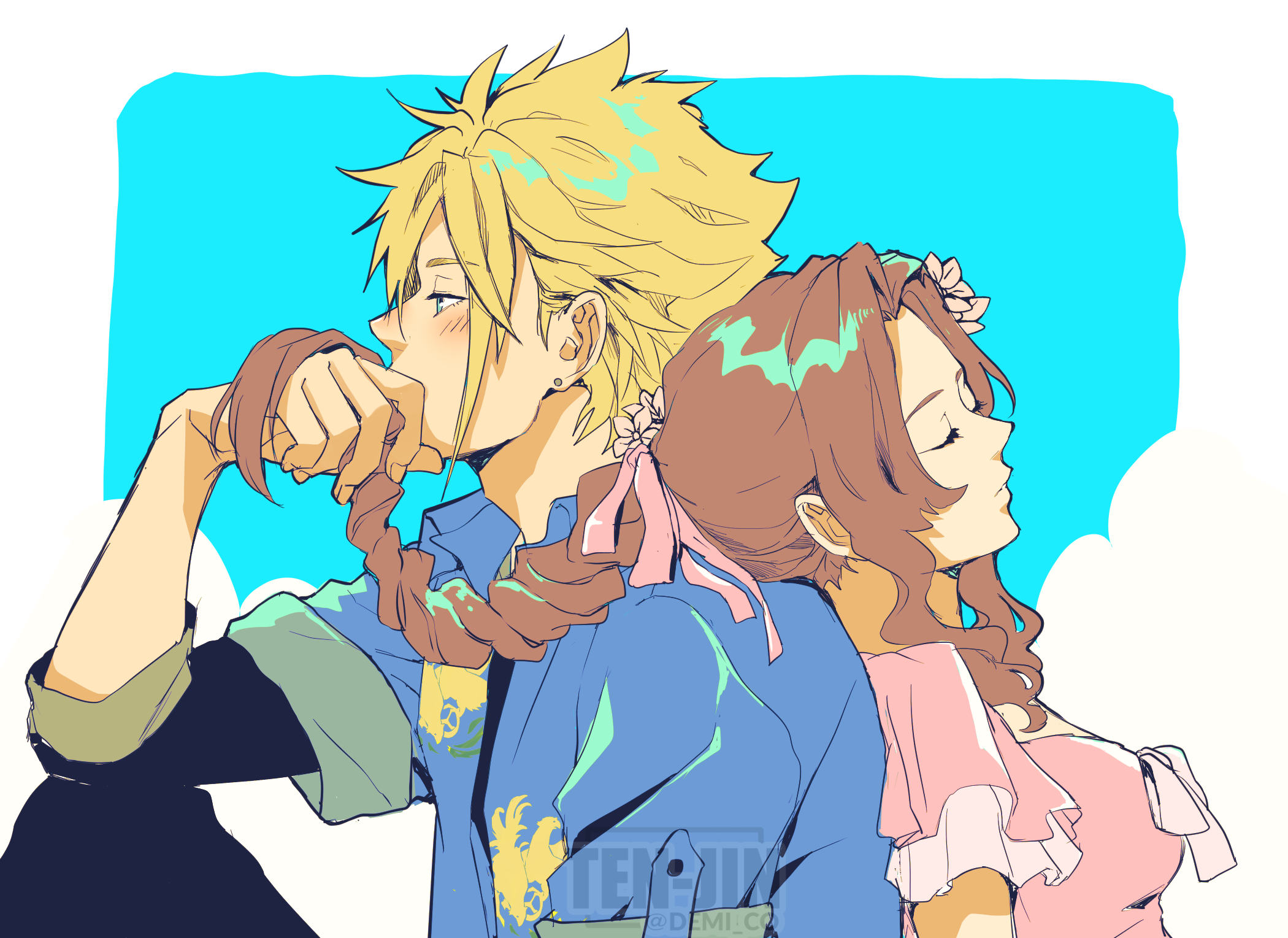 demi co, aerith gainsborough, aerith gainsborough (floral delight), cloud strife, cloud strife (ocean chocobo), final fantasy, final fantasy vii, final fantasy vii rebirth, final fantasy vii remake, highres, 1boy, 1girl, aqua background, back-to-back, black pants, black shirt, blonde hair, blue shirt, blush, border, braid, braided ponytail, breasts, closed eyes, couple, earrings, flower, hair flower, hair ornament, hair ribbon, hand in another's hair, hawaiian shirt, hetero, jewelry, long hair, medium breasts, official alternate costume, pants, parted bangs, pink flower, pink ribbon, pink shirt, print shirt, ribbon, shirt, shirt under shirt, short hair, sidelocks, single braid, single earring, spiked hair, upper body, white border