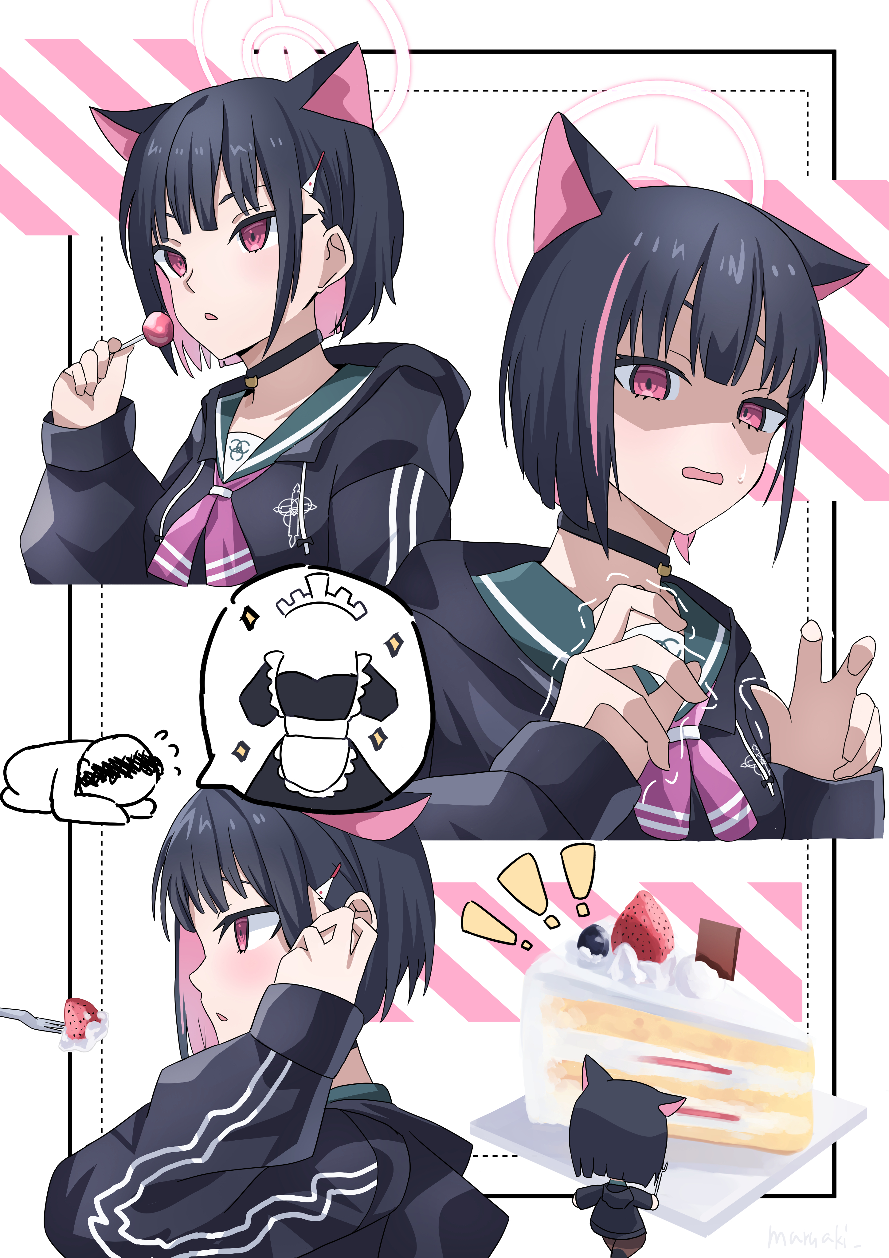 maruaki, doodle sensei (blue archive), kazusa (blue archive), sensei (blue archive), blue archive, absurdres, commentary request, highres, !, 1boy, 1girl, animal ears, apron, black choker, black dress, black hair, black jacket, brown pantyhose, cake, cake slice, candy, cat ears, chibi, choker, dotted line, dress, feeding, food, fork, fruit, green sailor collar, halo, holding, holding candy, holding food, holding lollipop, jacket, lollipop, long sleeves, maid, maid headdress, mini person, minigirl, multicolored hair, pantyhose, pink hair, puffy long sleeves, puffy short sleeves, puffy sleeves, red eyes, sailor collar, short hair, short sleeves, sleeves past wrists, strawberry, trembling, two-tone hair, white apron, white background