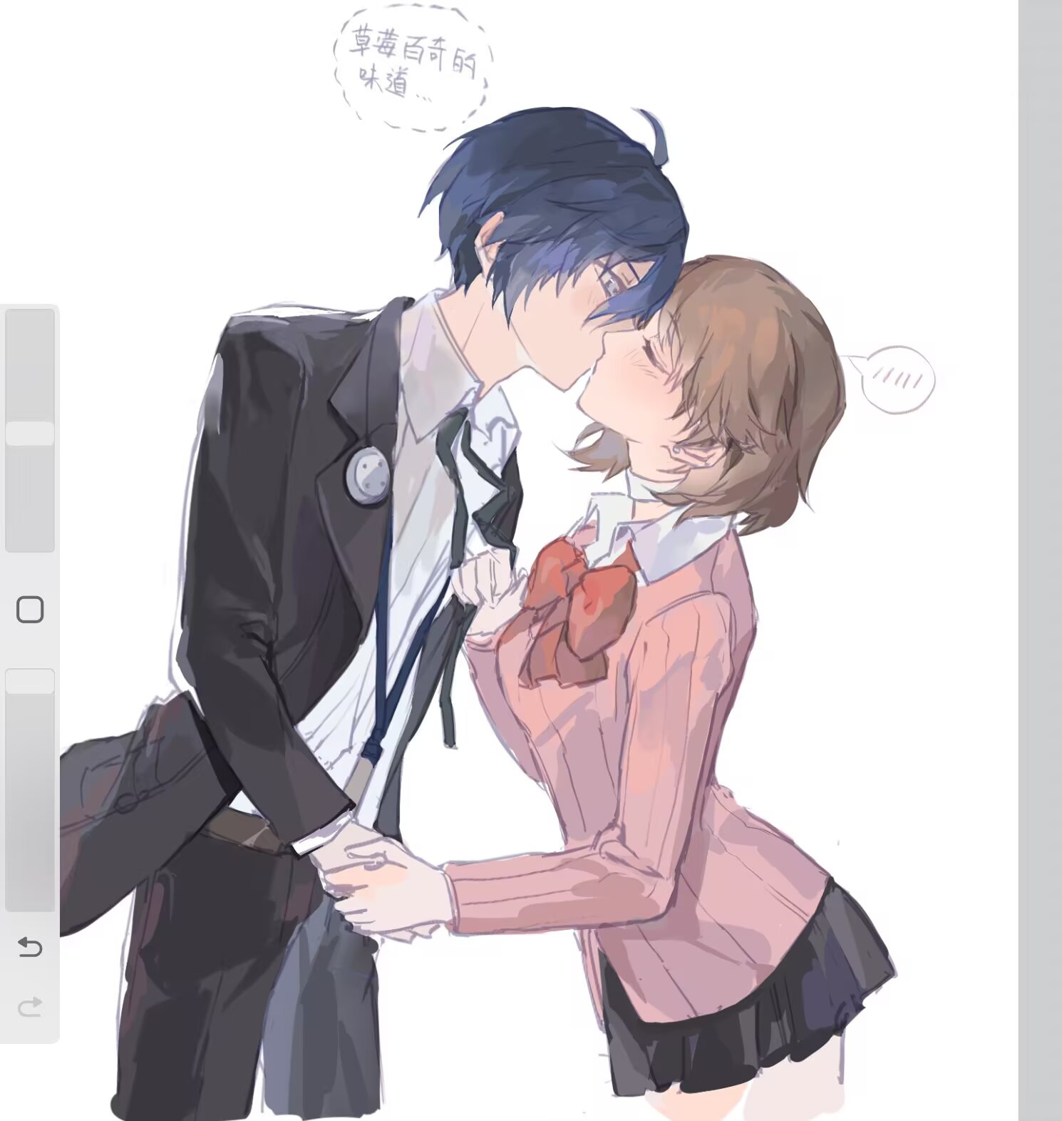 surielye, takeba yukari, yuuki makoto (persona 3), persona, persona 3, highres, 1boy, 1girl, ahoge, black jacket, black ribbon, black skirt, blue hair, blush, bow, bowtie, brown hair, cardigan, choker, closed eyes, collared shirt, couple, cowboy shot, digital media player, earphones removed, facing another, from side, gekkoukan high school uniform, height difference, hetero, holding hands, jacket, kiss, leaning forward, long sleeves, looking at another, miniskirt, neck ribbon, open clothes, open jacket, pink cardigan, pleated skirt, profile, red bow, red bowtie, ribbed cardigan, ribbon, school uniform, shirt, short hair, simple background, skirt, white background, white choker, white shirt