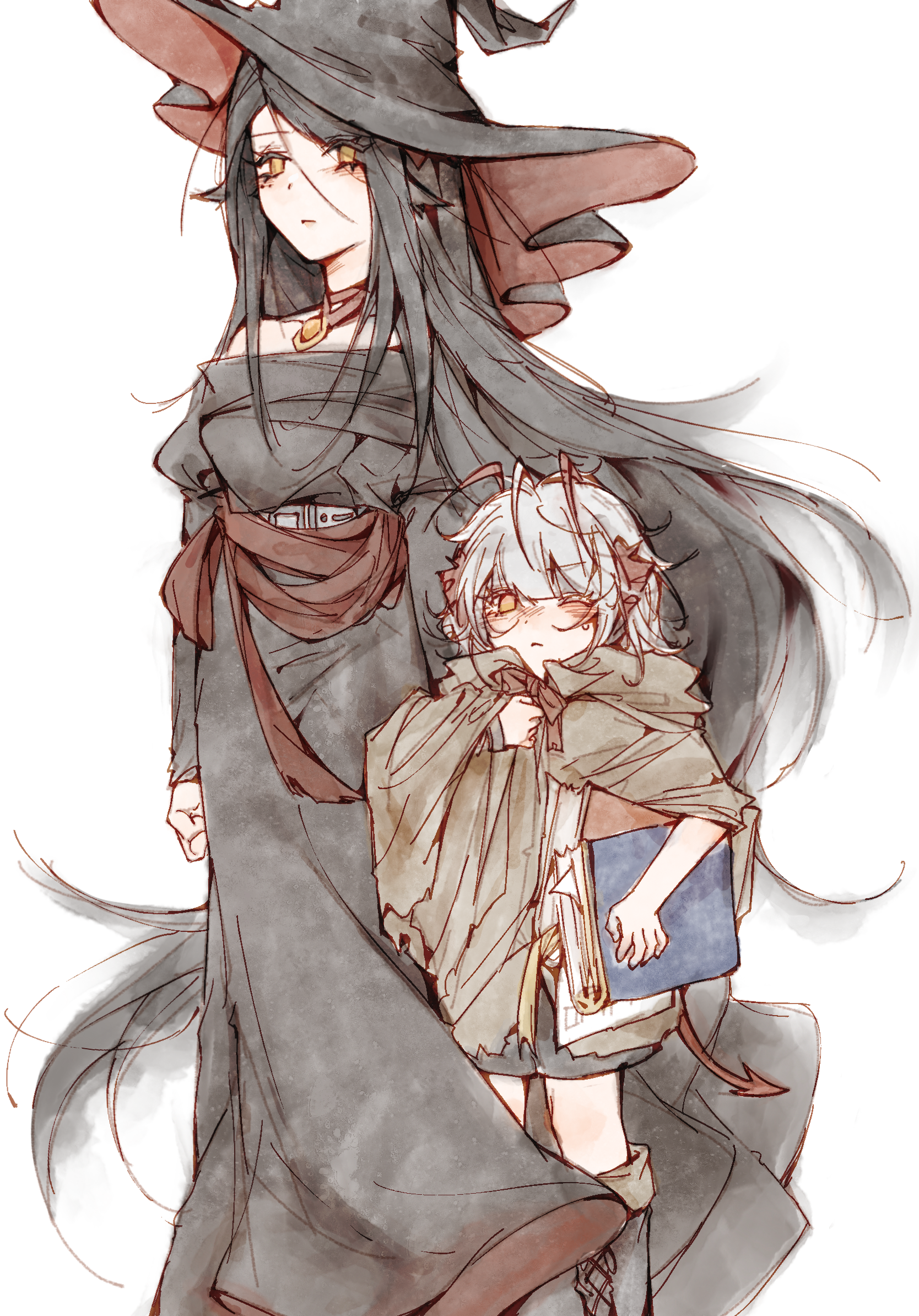 softtoast, ines (arknights), w (arknights), arknights, highres, 2girls, ahoge, antenna hair, bare shoulders, black dress, black hair, black hat, blush, book, closed mouth, dress, eyes visible through hair, feet out of frame, gem, grey cloak, grey hair, hat, holding, holding book, long dress, long hair, long sleeves, looking at viewer, multicolored hair, multiple girls, nose blush, off shoulder, one eye closed, red hair, red hat, short hair, simple background, standing, streaked hair, sweatdrop, two-sided fabric, two-sided headwear, very long hair, white background, witch hat, yellow eyes
