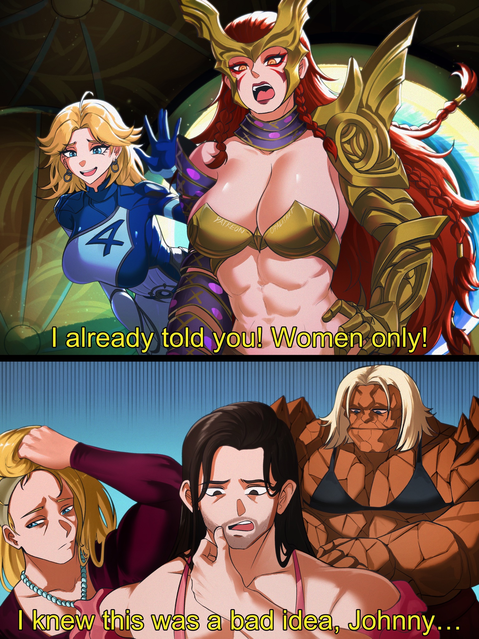 opalis, angela (marvel), ben grimm, johnny storm, reed richards, sue storm, fantastic four, marvel, marvel rivals, thor (marvel) (series), highres, 2girls, abs, armor, blonde hair, blue bodysuit, blue eyes, bodypaint, bodysuit, breasts, dress, large breasts, long hair, looking at viewer, metal bra, multiple girls, muscular, muscular female, navel, red hair, smile, superhero costume, two-tone bodysuit