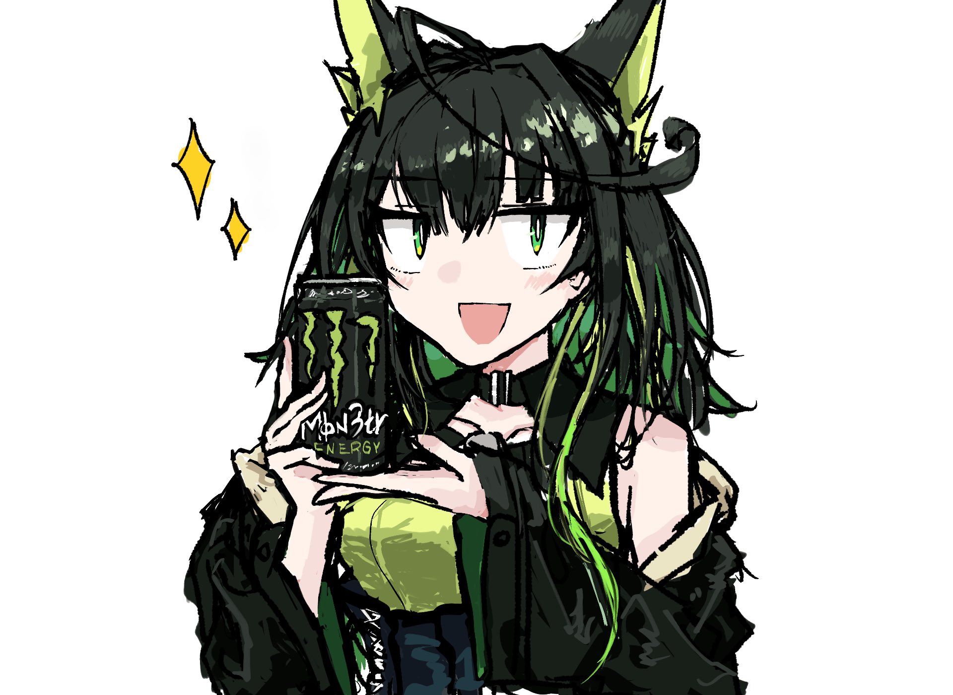 mon3tr (arknights), arknights, monster energy, highres, 1girl, :d, ahoge, black collar, black hair, black jacket, blush, breasts, can, collar, collarbone, colored inner hair, dress, drink can, green dress, green eyes, green hair, green streaks, holding, holding can, huge ahoge, jacket, medium breasts, multicolored hair, name connection, off shoulder, open mouth, potatocatghost, simple background, sleeves past wrists, smile, sparkle, upper body, white background