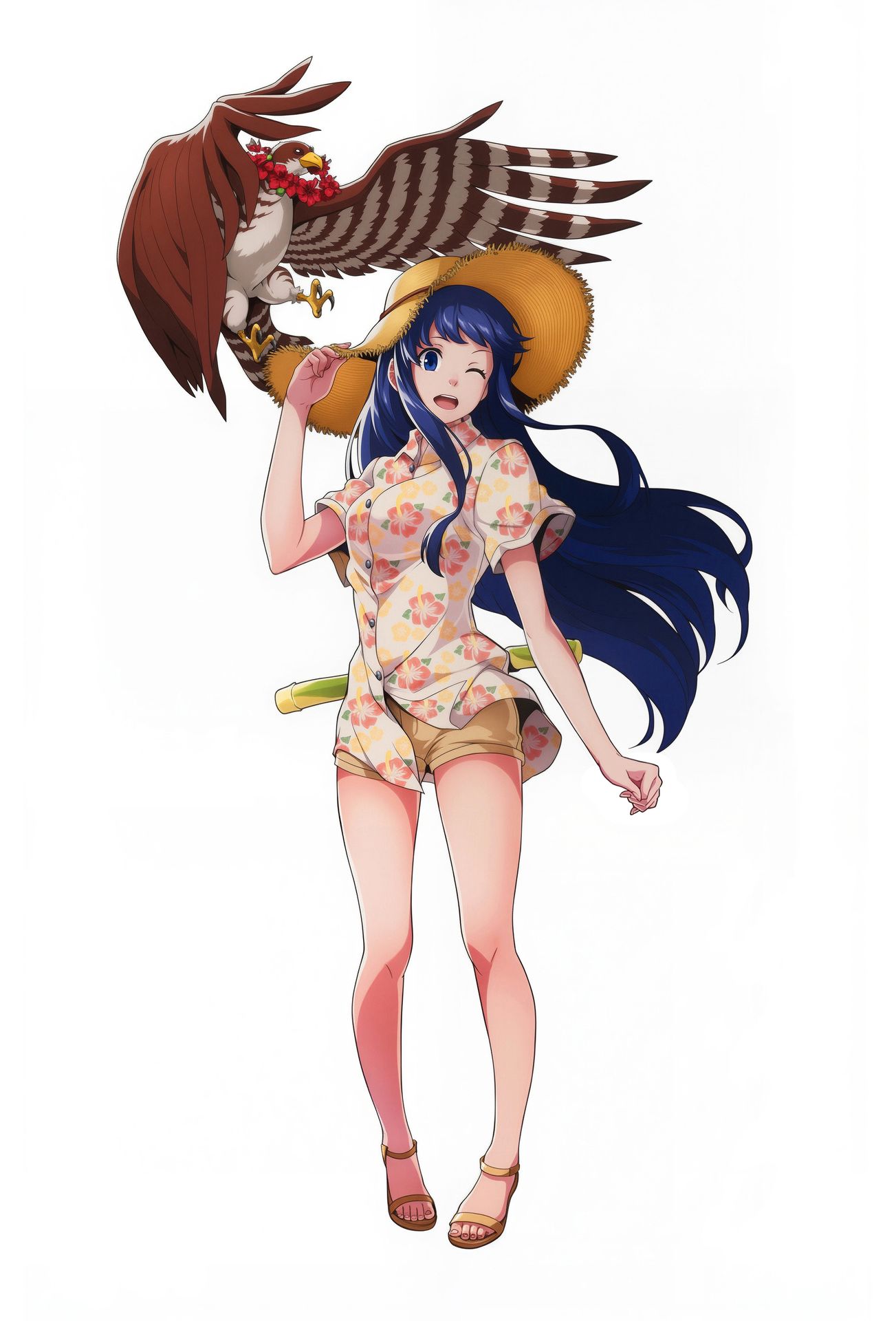 mamahaha, nakoruru, samurai spirits, snk, the king of fighters, highres, official art, 1girl, alternate costume, arm up, blue eyes, blue hair, breasts, feet, hat, legs, long hair, medium breasts, official alternate costume, one eye closed, open mouth, shirt, shorts, straw hat, teeth, thighs, tongue, weapon, wink