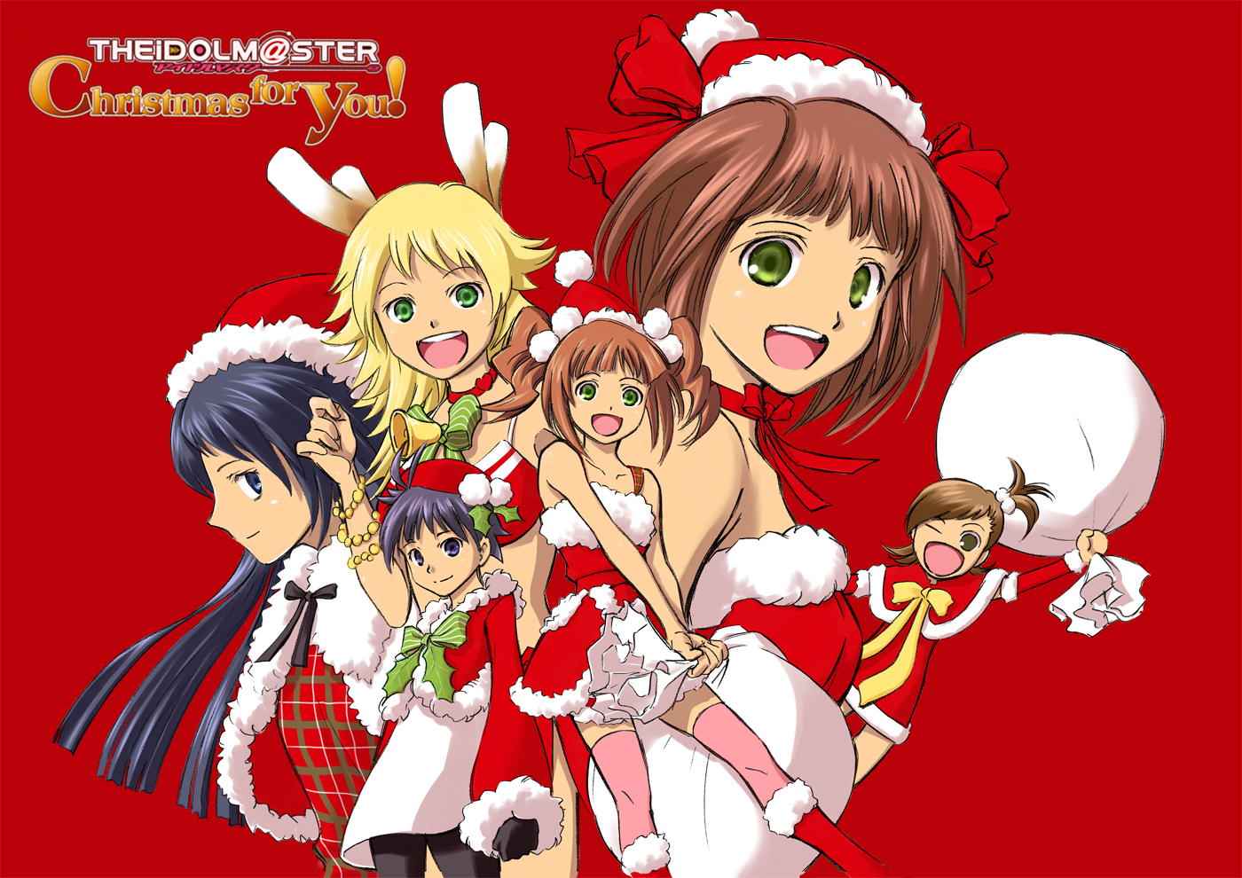 piroishi, amami haruka, futami mami, hoshii miki, kikuchi makoto, kisaragi chihaya, takatsuki yayoi, idolmaster, idolmaster (classic), idolmaster 1, 00s, 6+girls, bare shoulders, blonde hair, blue eyes, blue hair, brown eyes, brown hair, christmas, cute & girly (idolmaster), gloves, green eyes, hat, long hair, looking at viewer, multiple girls, noel angelic (idolmaster), open mouth, santa costume, santa hat, short hair, smile, standing, teeth, thighhighs, tongue, twintails