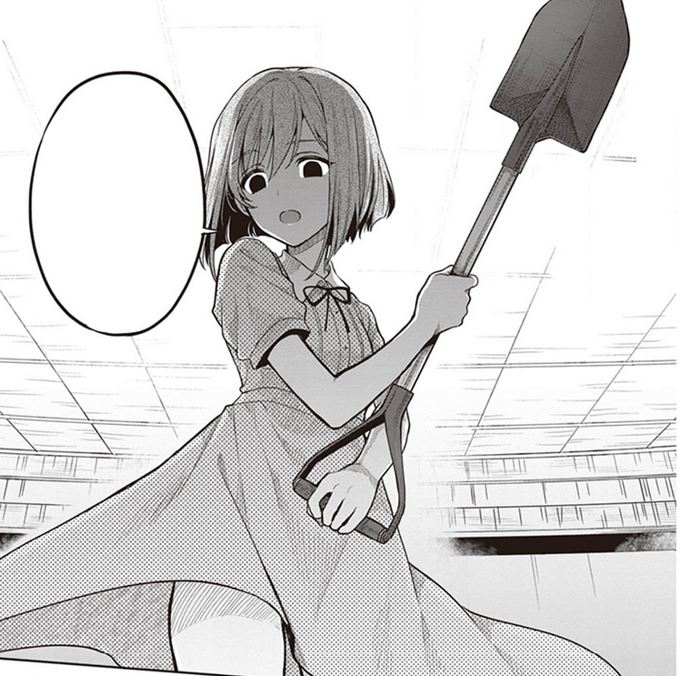 hara tsumoi, kono shima ni wa midara de jaaku na mono ga sumu, non-web source, 1girl, clothes lift, collared dress, dress, empty eyes, expressionless, flat chest, greyscale, monochrome, neck ribbon, ribbon, short hair, short sleeves, shovel, yoruto umi