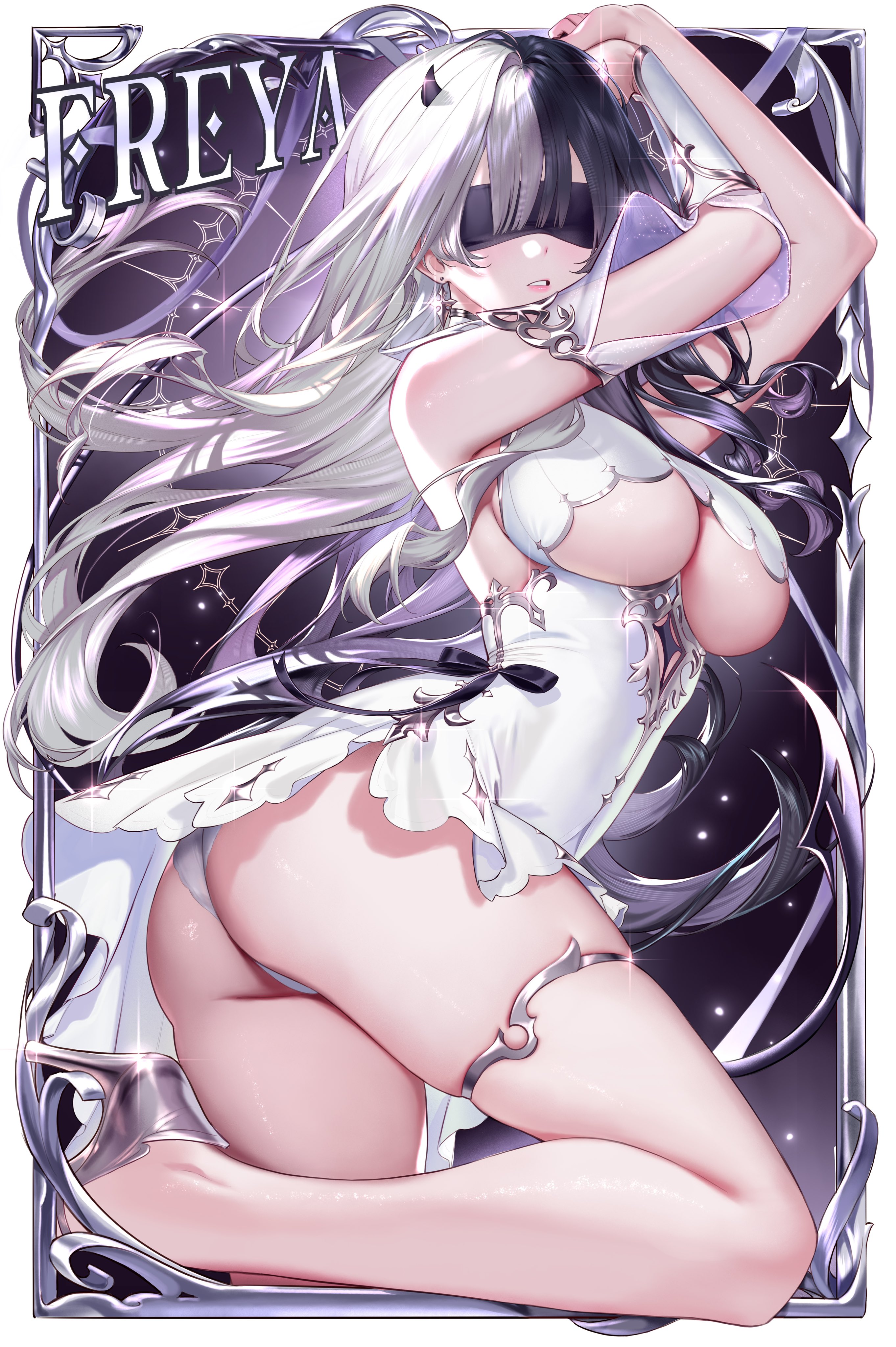 ringeko-chan, original, absurdres, commentary, highres, symbol-only commentary, 1girl, alternate color, arms up, ass, bare shoulders, black hair, black horns, blindfold, border, breasts, character name, demon horns, dress, earrings, facing viewer, foot out of frame, high heels, horns, jewelry, long hair, medium breasts, multicolored hair, panties, parted lips, shoes, skindentation, solo, thighlet, thighs, two-tone hair, underboob, underwear, very long hair, white dress, white hair, white panties, white shoes