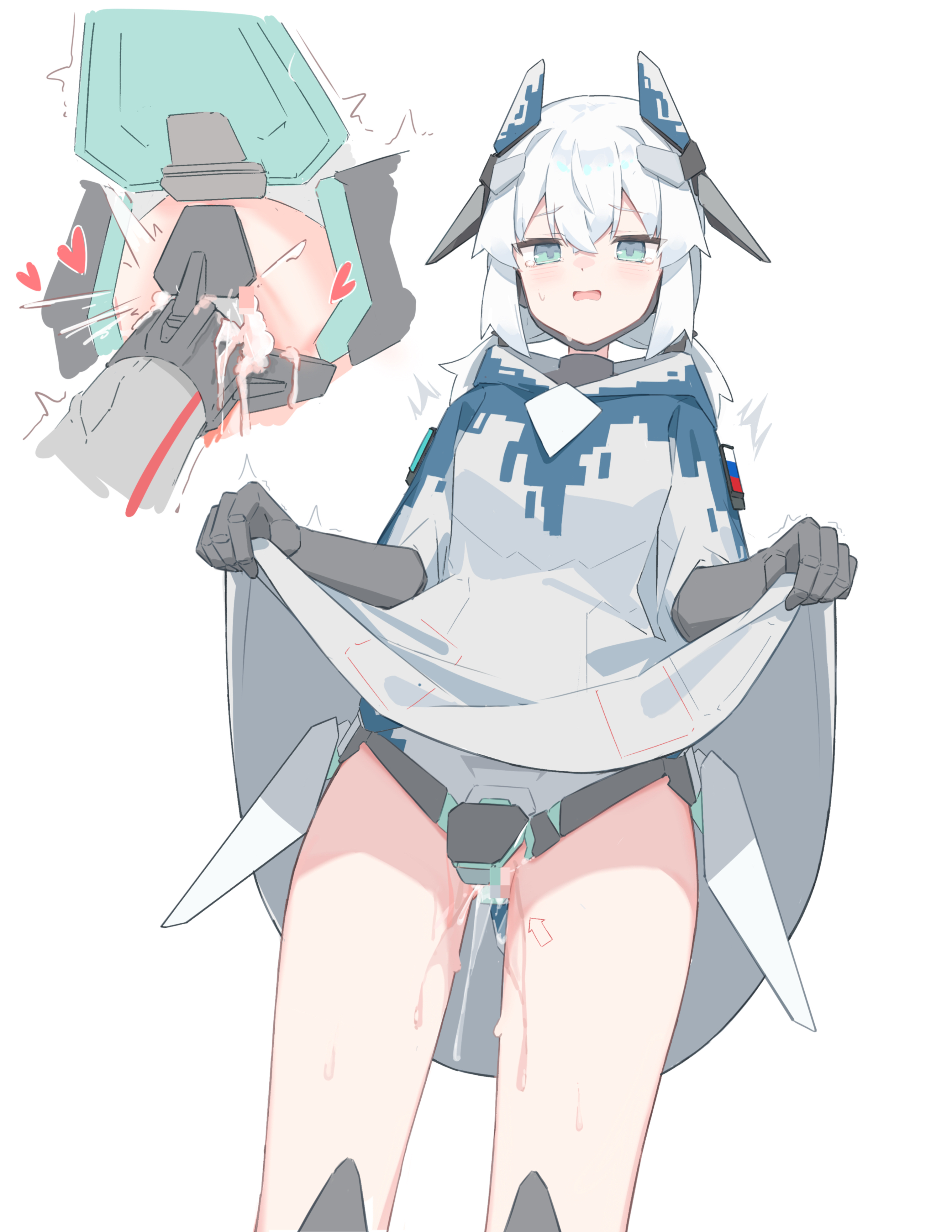 shasha (shasha159357), su-57 (personification), original, absurdres, highres, 1girl, aqua eyes, elbow gloves, full body, gloves, leotard, mecha musume, medium hair, object insertion, personification, poncho, poncho lift, pussy juice, pussy juice trail, russian flag, suggestive fluid, tearing up, thighhighs, trembling, vaginal, vaginal object insertion, white hair