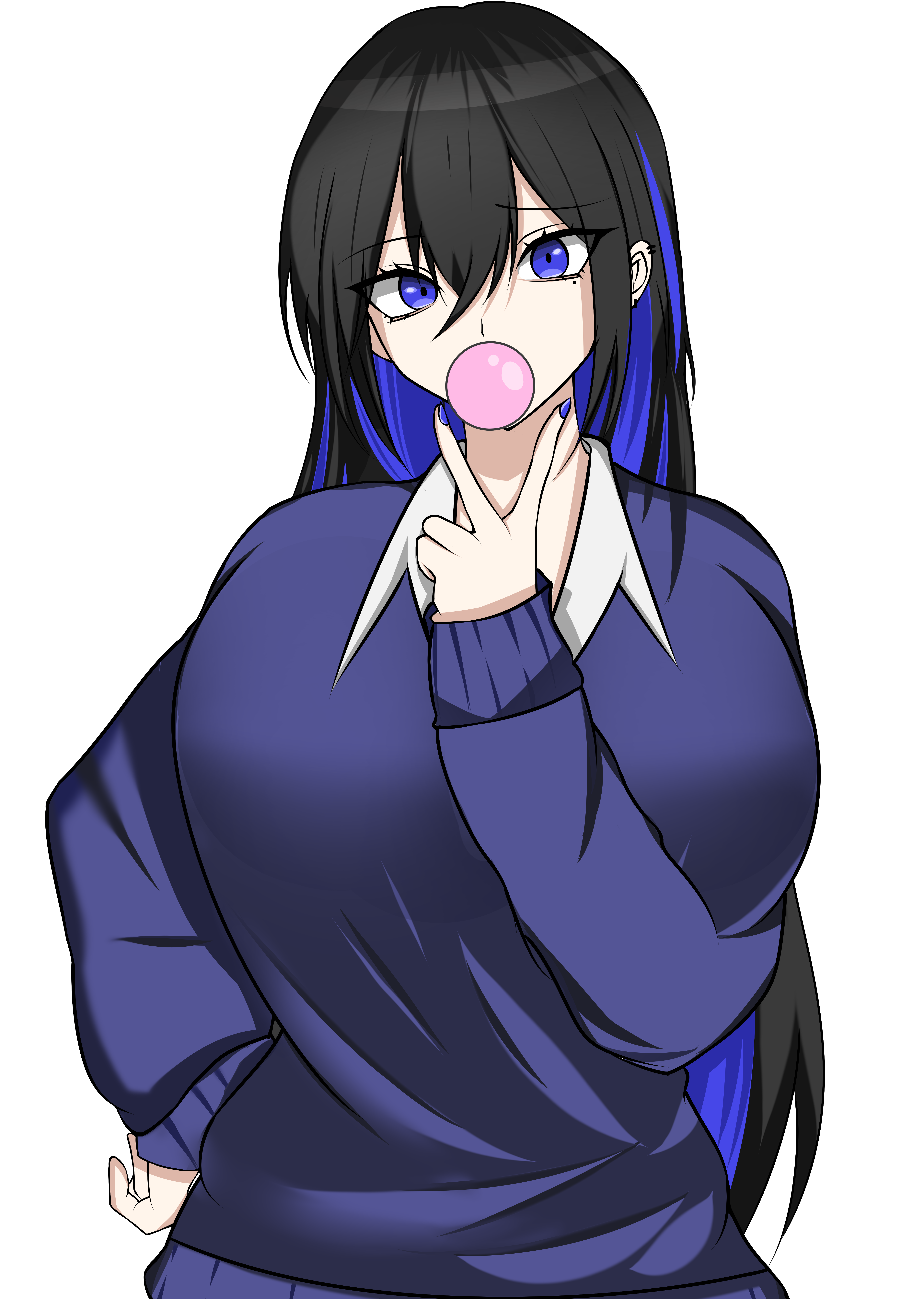 original, absurdres, commentary request, highres, 1girl, black hair, blowing bubble gum, blue eyes, blue hair, blue nails, blue sweater, breasts, chewing gum, collared shirt, colored inner hair, double-parted bangs, ear piercing, earrings, fingernails, gyaru, hair between eyes, hand on own hip, hand up, huge breasts, izato, jewelry, juri-chan (izato), long hair, looking at viewer, multicolored hair, piercing, shirt, shirt under sweater, simple background, solo, straight-on, sweater, two-tone hair, upper body, v, white background, white shirt