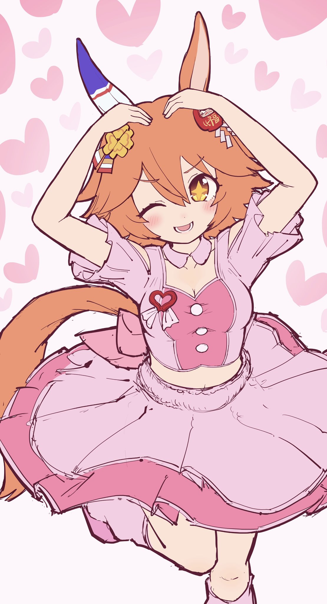 simoyuki, matikanefukukitaru (umamusume), umamusume, commentary request, highres, 1girl, alternate costume, animal ears, arms up, breasts, cleavage, clover hair ornament, daruma doll, dress, ear covers, flipped hair, four-leaf clover hair ornament, hair ornament, heart, heart arms, heart background, horse ears, horse girl, horse tail, loose socks, lower teeth only, medium breasts, midriff, navel, open mouth, orange hair, pink dress, pink socks, short hair, short sleeves, simple background, single ear cover, smile, socks, solo, standing, standing on one leg, tail, teeth, white background