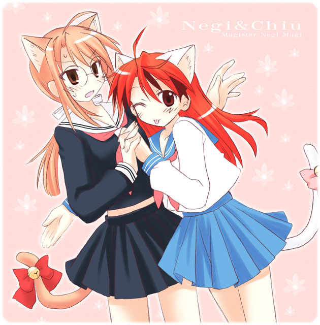 yuuma (omaeno meinichi), hasegawa chisame, kitsunegi, negi springfield, mahou sensei negima!, 00s, 1boy, 1girl, ;p, animal ears, bell, blush, brown eyes, brown hair, cat ears, cat tail, character name, copyright name, crossdressing, long hair, one eye closed, red eyes, red hair, ribbon, school uniform, serafuku, sweat, sweatdrop, tail, tail bell, tail ornament, tail ribbon, tongue, tongue out, trap