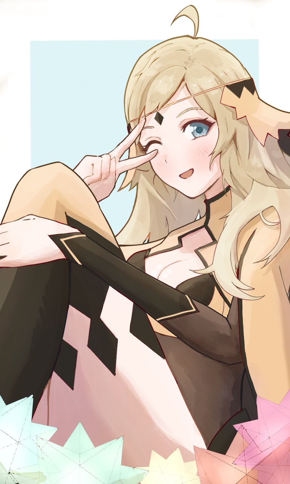 strixinkagoshim, ophelia (fire emblem), fire emblem, fire emblem fates, nintendo, highres, 1girl, ;d, ahoge, blonde hair, bodystocking, breasts, bridal gauntlets, circlet, cleavage, gold cape, grey eyes, hip armor, long hair, looking at viewer, medium breasts, one eye closed, open mouth, smile, thighs