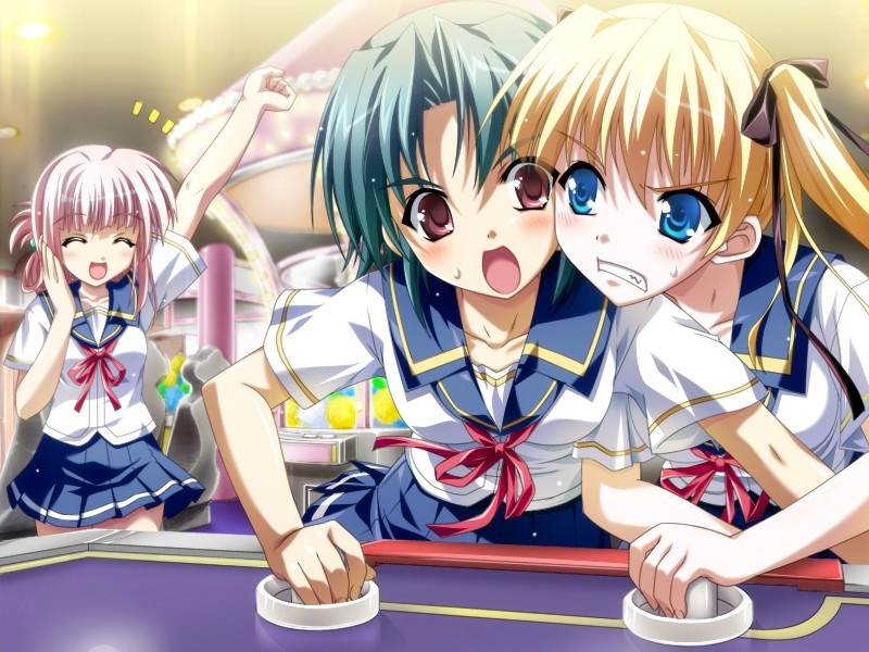 tsukasa yuuki, celes alford, inui miri, nojima hotori, natsumegu, game cg, 3girls, ^ ^, air hockey, arcade, arm up, blonde hair, blue eyes, clenched teeth, closed eyes, green hair, multiple girls, pink hair, red eyes, school uniform, serafuku, shouting, skirt, teeth, twintails