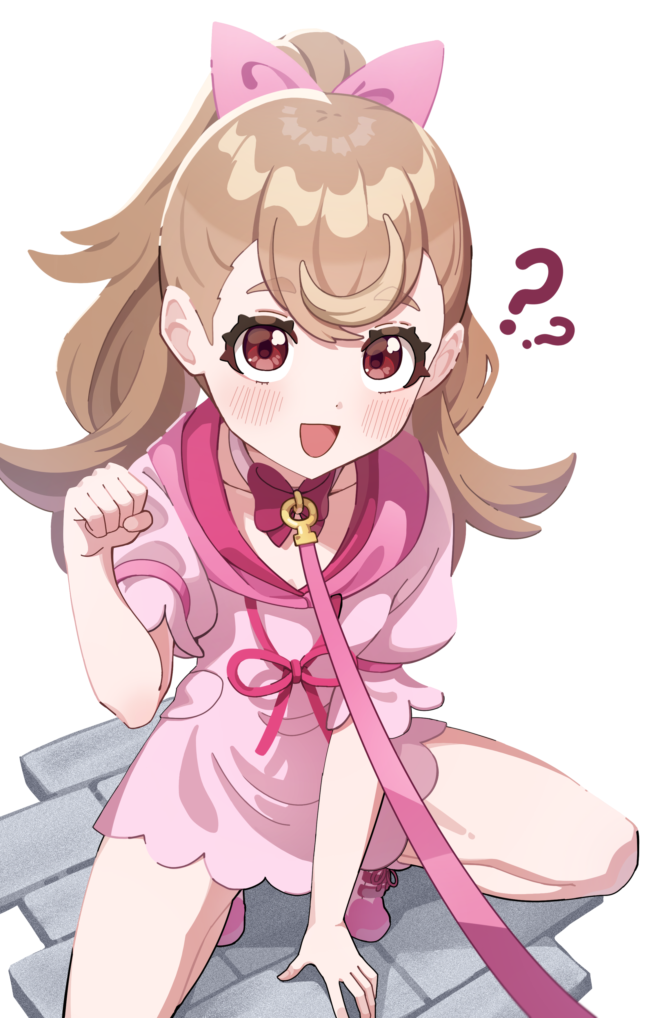 cuteshiho, inukai komugi, precure, wonderful precure!, absurdres, commentary, highres, symbol-only commentary, 1girl, :d, ?, ??, bow, brown eyes, brown hair, collar, dress, hair bow, leash, looking at viewer, open mouth, paw pose, pink bow, pink collar, pink dress, pink ribbon, pink shoes, ribbon, shoes, short sleeves, simple background, smile, solo, squatting, viewer holding leash, white background