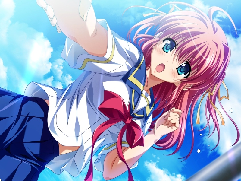 tsukasa yuuki, shinonome yukako, natsumegu, light, game cg, 1girl, cloud, day, female focus, green eyes, open mouth, red hair, school uniform, serafuku, sky, solo, wind