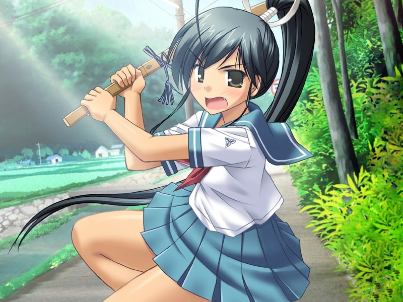 shikato miyo, kuryuu misaki, hoshitsuguyo, game cg, source request, 1girl, black hair, bokken, brown eyes, day, fang, female focus, outdoors, ponytail, road, rural, school uniform, serafuku, solo, sword, weapon, wooden sword
