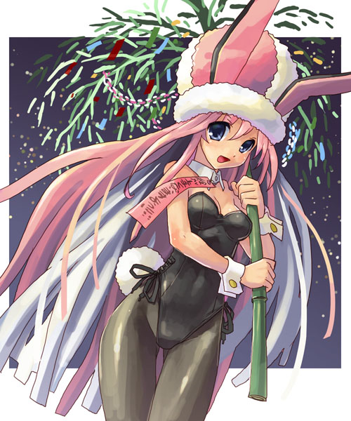 katahira masashi, original, animal ears, blue eyes, cowboy shot, detached collar, fake animal ears, hat, leotard, long hair, outside border, pantyhose, pink hair, playboy bunny, rabbit ears, rabbit tail, solo, tail, tanabata, wrist cuffs
