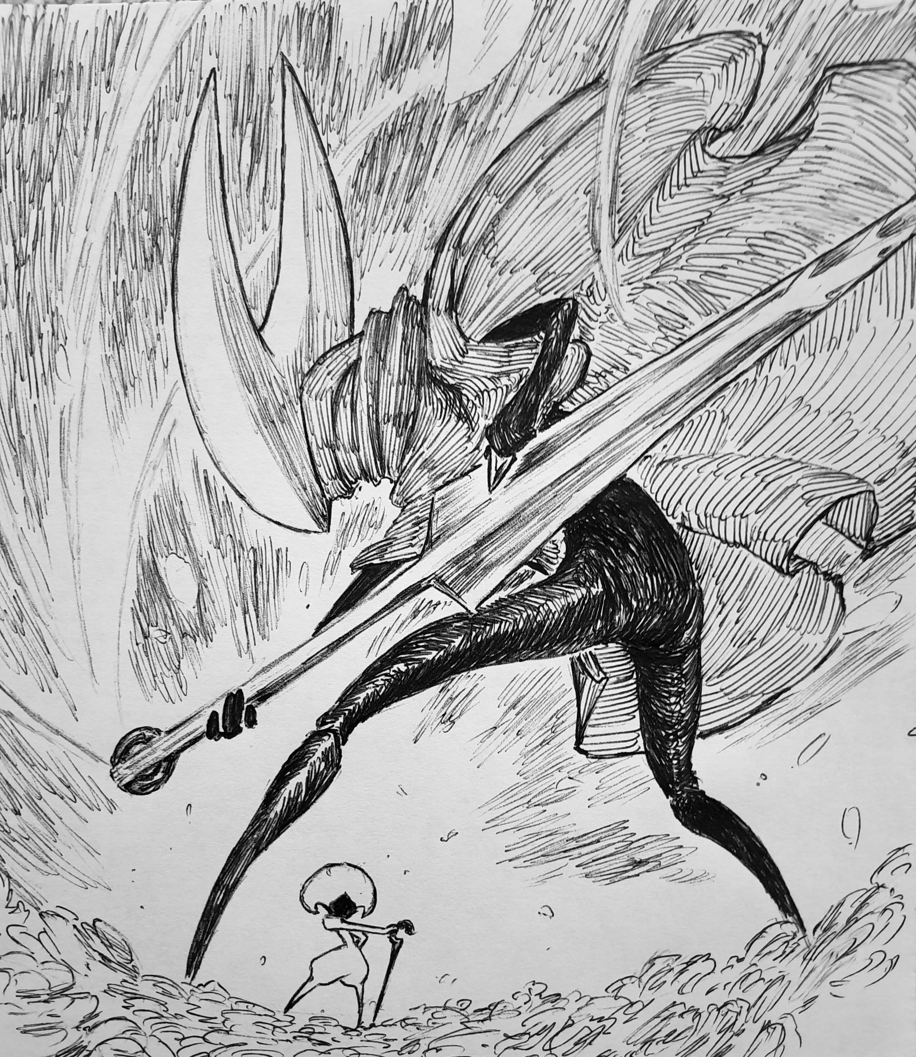chronozbergh, hornet (hollow knight), lace (hollow knight), hollow knight, hollow knight: silksong, absurdres, commentary, english commentary, highres, traditional media, 2girls, arthropod girl, black skin, cloak, colored skin, fighting, greyscale, holding, holding weapon, horned mask, mask, monochrome, multiple girls, needle (hollow knight), pin (hollow knight), weapon