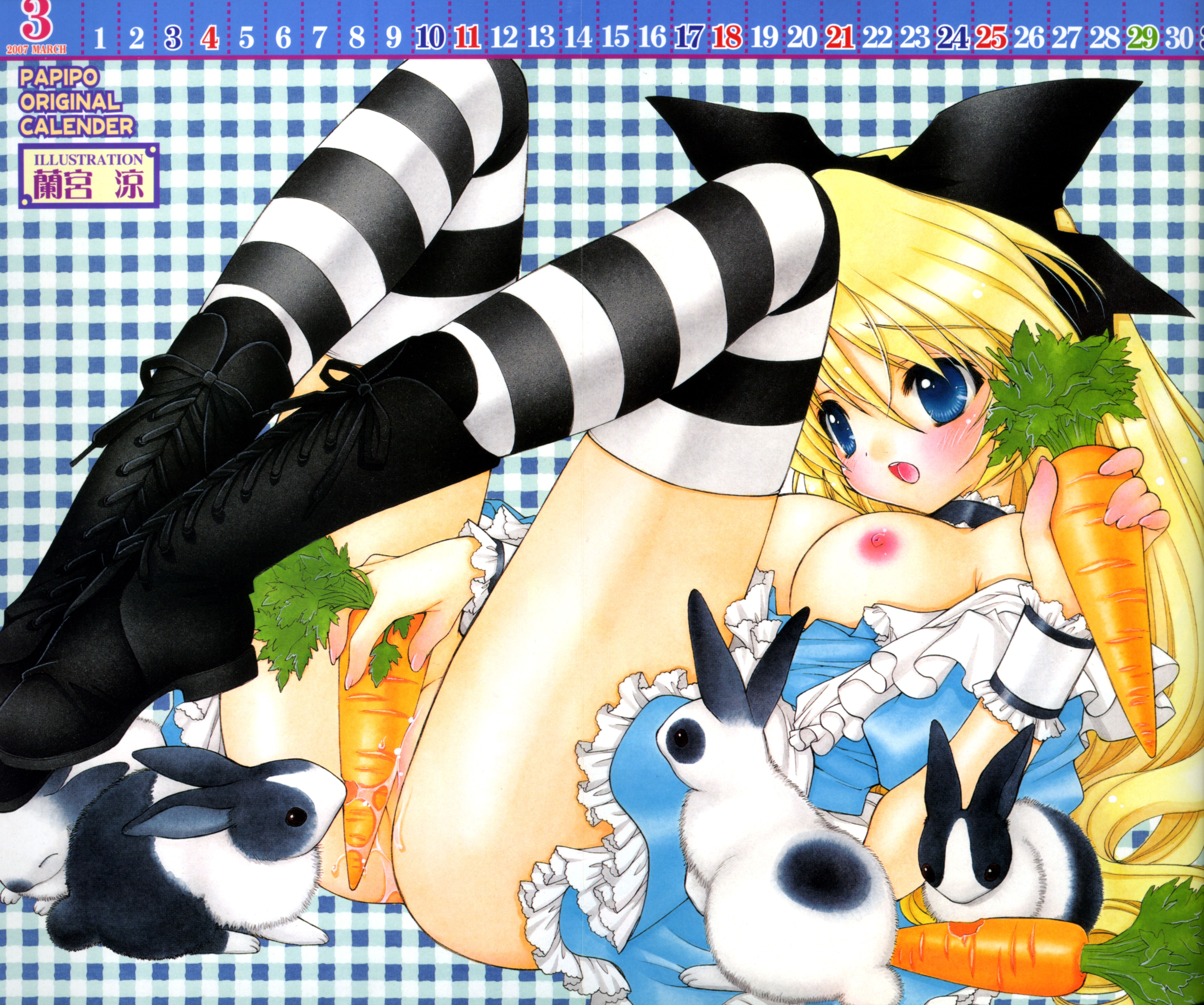 ramiya ryou, alice (alice in wonderland), alice's adventures in wonderland, absurdres, highres, 1girl, blonde hair, blue eyes, blush, boots, bow, breasts, carrot, choker, dress, female focus, female masturbation, frills, hair bow, masturbation, medium breasts, nail polish, nipples, no panties, pussy, pussy juice, rabbit, solo, striped clothes, striped thighhighs, thighhighs