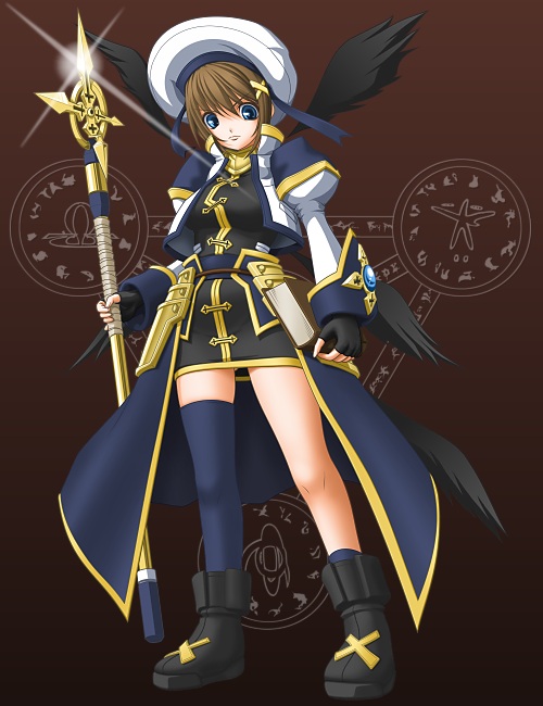 t2r, schwertkreuz, yagami hayate, lyrical nanoha, mahou shoujo lyrical nanoha, mahou shoujo lyrical nanoha strikers, 00s, 1girl, asymmetrical clothes, blue eyes, boots, brown background, brown hair, female focus, fingerless gloves, gloves, hair ornament, hat, magic circle, short hair, single thighhigh, skirt, solo, staff, thighhighs, wings, x hair ornament