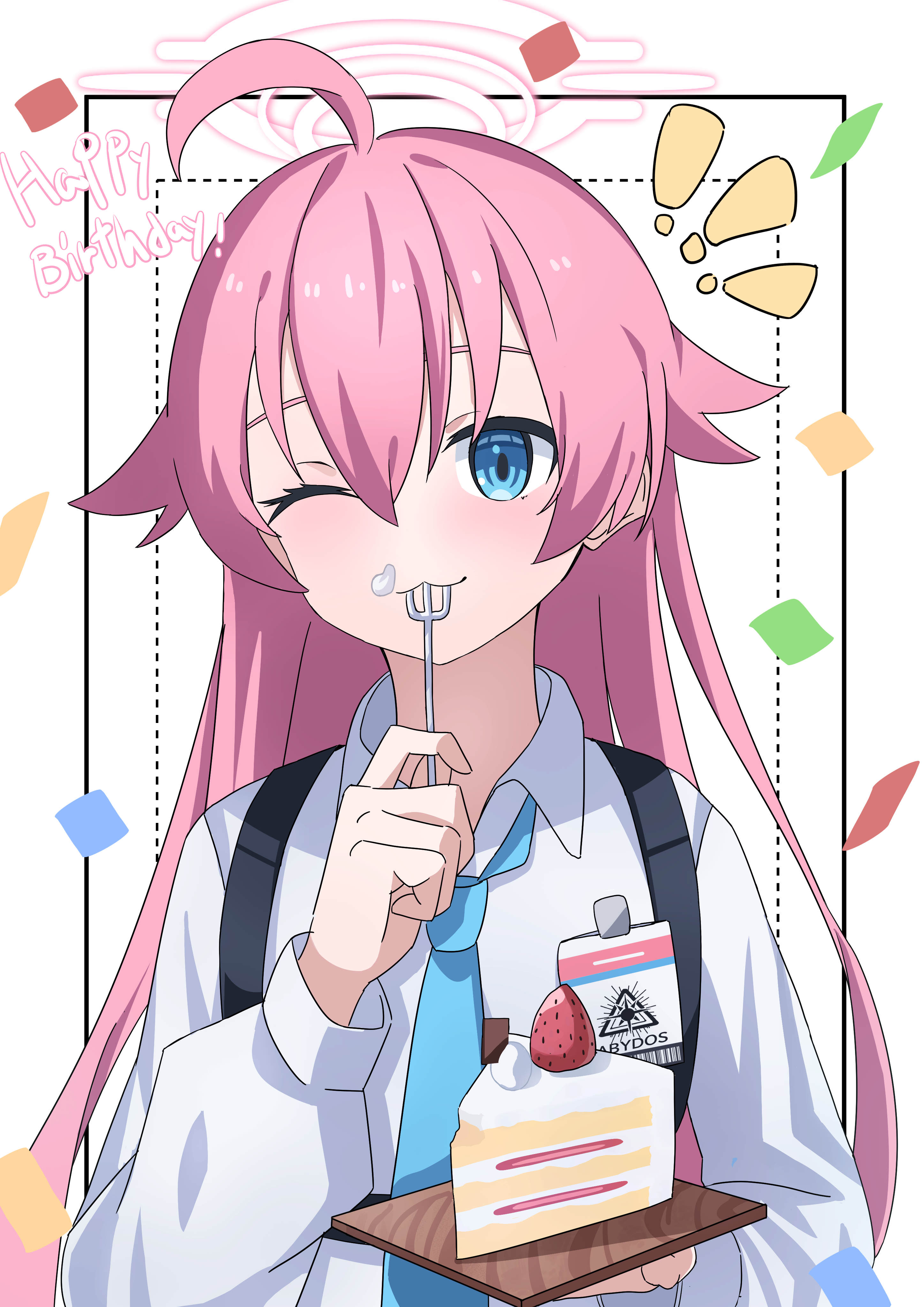 maruaki, hoshino (blue archive), blue archive, absurdres, commentary request, highres, !, 1girl, ;3, ahoge, blue eyes, blue necktie, cake, cake slice, closed mouth, collared shirt, confetti, dotted line, food, food on face, fork, fruit, halo, happy birthday, holding, holding fork, long sleeves, necktie, one eye closed, pink hair, puffy long sleeves, puffy sleeves, shirt, solo, strawberry, upper body, utensil in mouth, white background, white shirt
