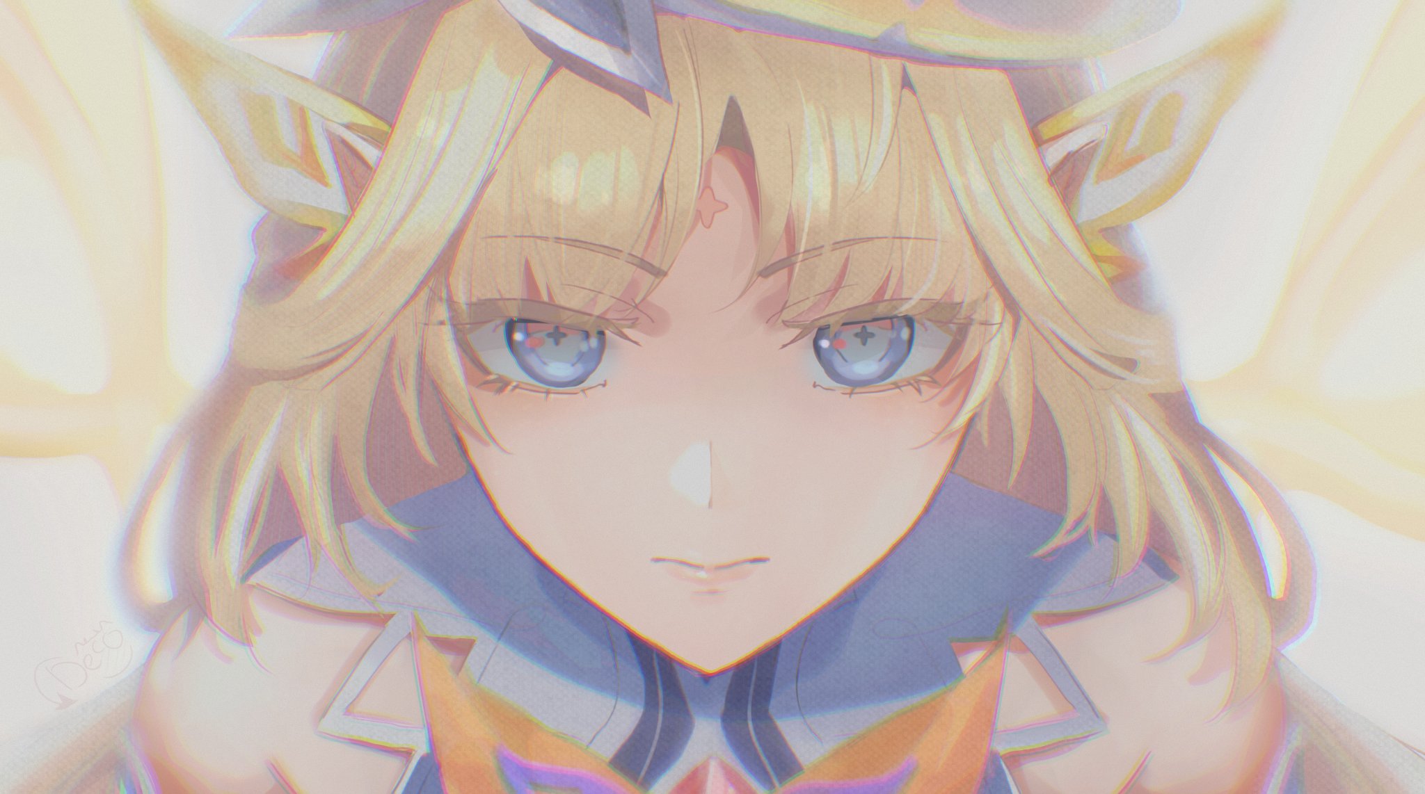 nicole reeyn, genshin impact, commentary, highres, 1girl, blonde hair, blue eyes, close-up, closed mouth, cross-shaped pupils, demoncotik, energy wings, facial mark, forehead mark, glowing, glowing wings, long hair, looking at viewer, portrait, simple background, solo, symbol-shaped pupils, wings, yellow wings