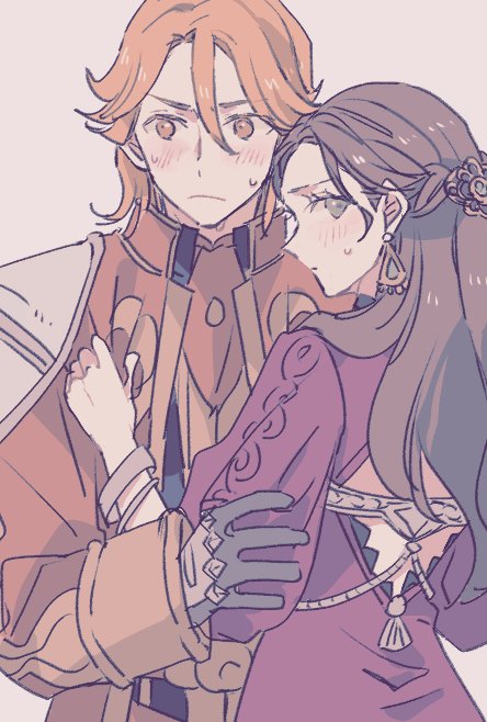 tenjin (ahan), dorothea arnault, ferdinand von aegir, fire emblem, fire emblem: three houses, fire emblem warriors: three hopes, nintendo, commentary request, 1girl, armor, back, backless dress, backless outfit, blush, breasts, brown hair, closed mouth, dress, earrings, from behind, gloves, green eyes, hair ornament, jacket, jewelry, long hair, long sleeves, official alternate costume, official alternate hairstyle, orange eyes, orange hair, orange jacket, red dress, shirt, short hair, sweat
