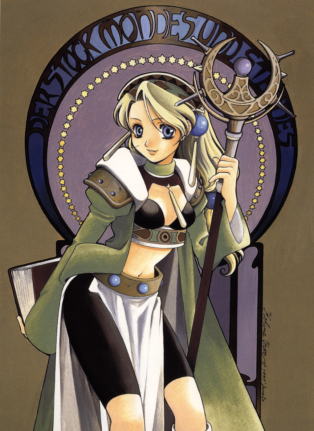 kohime ohse, ohse kohime, marlone, atelier (series), atelier marie, gust, highres, 1990s (style), 1girl, art nouveau, dated, female focus, hair ornament, retro artstyle, solo, sphere hair ornament, staff, witch