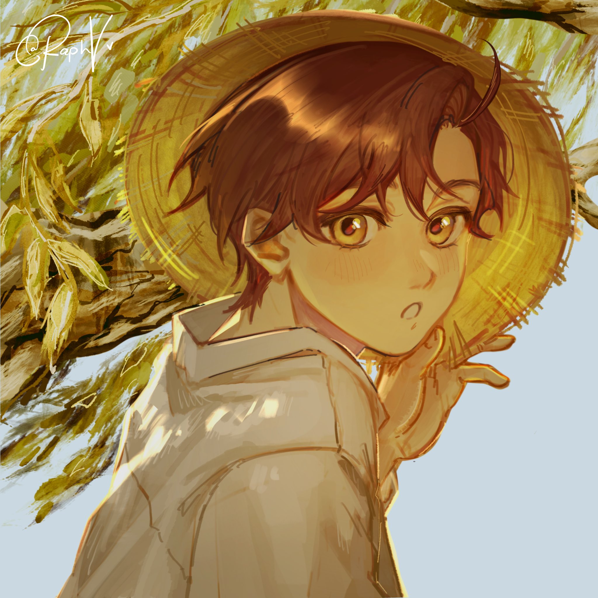 raphyraphadoom, southern italy (hetalia), axis powers hetalia, commentary, english commentary, highres, 1boy, ahoge, artist name, blue sky, blush, branch, brown hair, day, fingernails, from side, hand on headwear, hand up, hat, looking at viewer, male focus, outdoors, shirt, short hair, short sleeves, sky, solo, sun hat, teeth, tree, upper body, white shirt, yellow eyes, yellow hat