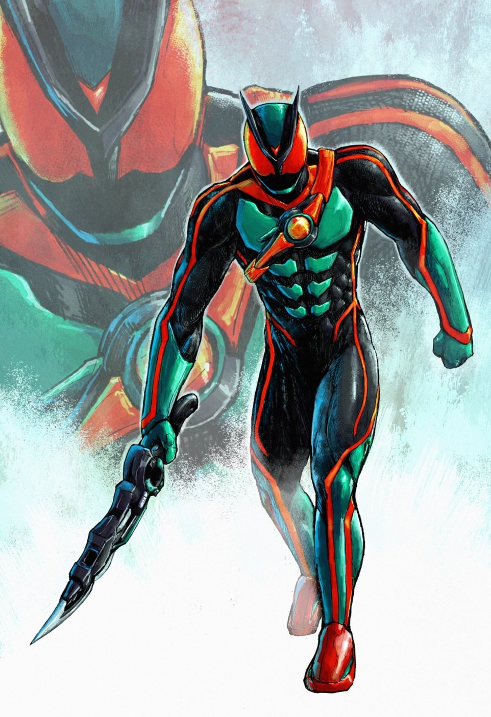 adi (adivider), kamen rider zeztz, kamen rider, kamen rider zeztz (series), highres, 1boy, black bodysuit, bodysuit, full body, holding, holding sword, holding weapon, male focus, red eyes, solo focus, sword, tokusatsu, weapon, zoom layer