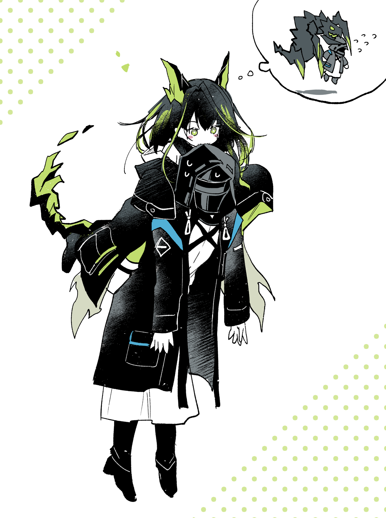 soukuu kizuna, doctor (arknights), mon3tr (arknights), mon3tr (summon) (arknights), arknights, commentary request, highres, 1girl, 1other, ahoge, animal ears, belt, black hair, black jacket, blush stickers, carrying, cat ears, crystal tail, dress, fake animal ears, full body, green dress, green eyes, green hair, green streaks, hair intakes, hood, hood up, hooded coat, huge ahoge, image in thought bubble, jacket, monster, off shoulder, piggyback, sleeves past fingers, sleeves past wrists, thigh belt, thigh strap
