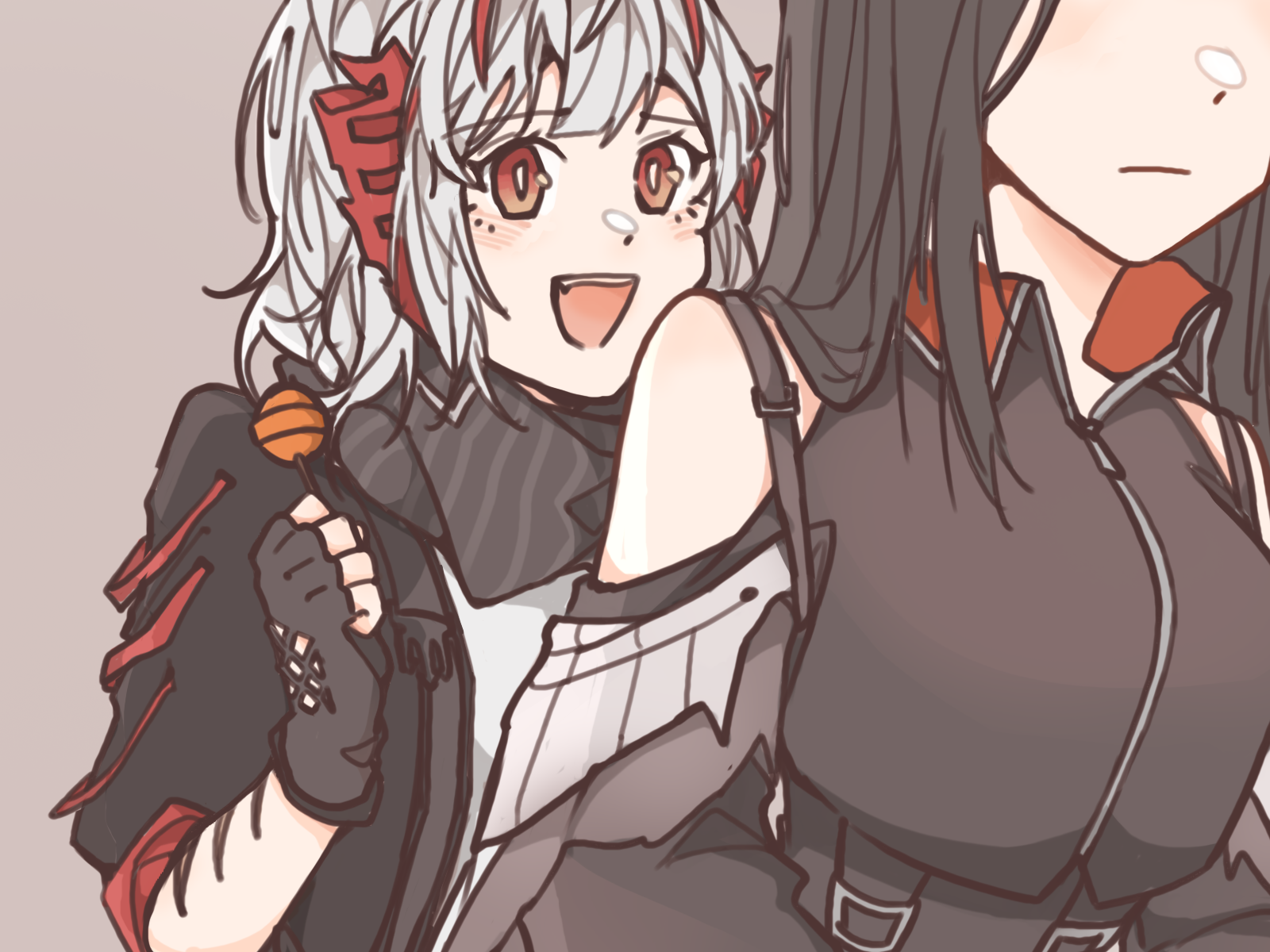 softtoast, ines (arknights), w (arknights), arknights, chinese commentary, commentary request, highres, 2girls, :d, bare shoulders, behind another, black gloves, black hair, black jacket, blush, bright pupils, brown background, candy, closed mouth, excited, fingerless gloves, food, gloves, head out of frame, holding, holding candy, holding food, holding lollipop, jacket, lollipop, long hair, looking at another, multiple girls, open mouth, orange eyes, scar, scar on arm, short hair, simple background, smile, upper body, white hair, white pupils