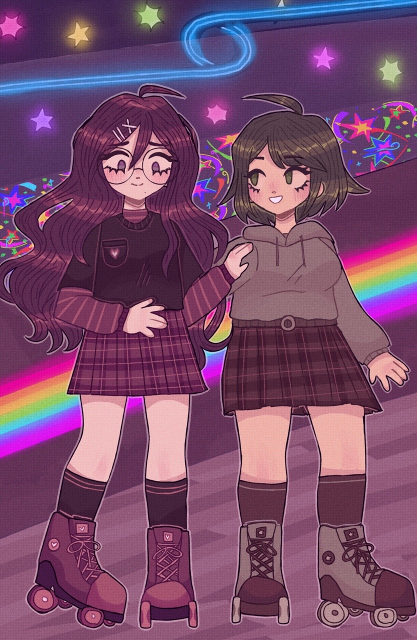 jade (blueslushle), fukawa toko, naegi komaru, danganronpa (series), danganronpa another episode: ultra despair girls, highres, 2girls, :d, ahoge, alternate costume, black shirt, black socks, blush, breast pocket, brown skirt, brown socks, closed mouth, eyelashes, full body, glasses, green eyes, green hair, grey hoodie, hair ornament, hairclip, hand on another's arm, hood, hood down, hoodie, long hair, long sleeves, mole, mole under mouth, multiple girls, open mouth, outline, plaid clothes, plaid skirt, pocket, purple eyes, purple hair, purple skirt, rainbow, roller skates, round eyewear, shirt, skates, skirt, smile, socks, star (symbol)