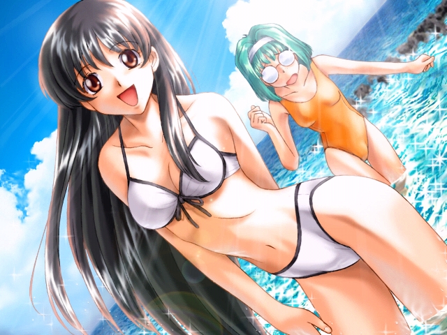 mutsumi masato, asuka chitose, yamamoto sayoko, ikusa miko ~vestal virgin~, game cg, non-web source, 2girls, bikini, black hair, brown eyes, cloud, day, glasses, green hair, long hair, multiple girls, one-piece swimsuit, opaque glasses, outdoors, short hair, sky, swimsuit, water