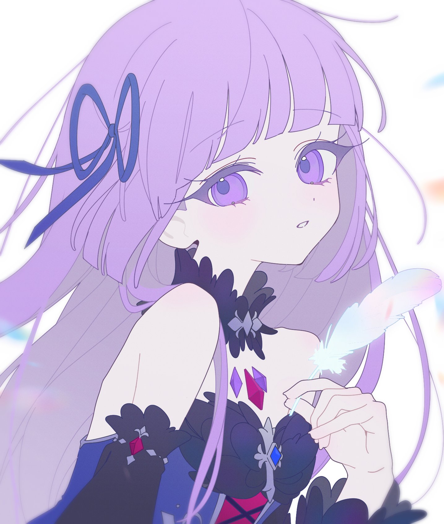 yaiyaiko, hikami sumire, aikatsu!, aikatsu! (series), highres, 1girl, bare shoulders, black collar, blue dress, blue ribbon, blunt bangs, collar, detached collar, dot nose, dress, feathers, floating hair, from side, hair ribbon, hand up, holding, holding feather, idol, idol clothes, light blush, long hair, looking to the side, parted lips, purple eyes, purple hair, ribbon, straight hair, strapless, strapless dress, upper body, white background