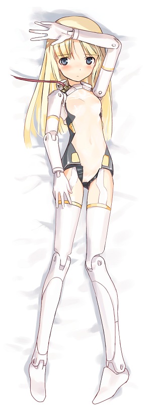 arnval, busou shinki, 10s, 1girl, arm on own head, bed sheet, blonde hair, blue eyes, blush, boots, breasts, cable, covered navel, dakimakura (medium), doll joints, female focus, from above, full body, garter straps, gloves, hand on own thigh, joints, leotard, long hair, lying, on back, on bed, parted bangs, small breasts, solo, thigh boots, thighhighs, white boots, white thighhighs
