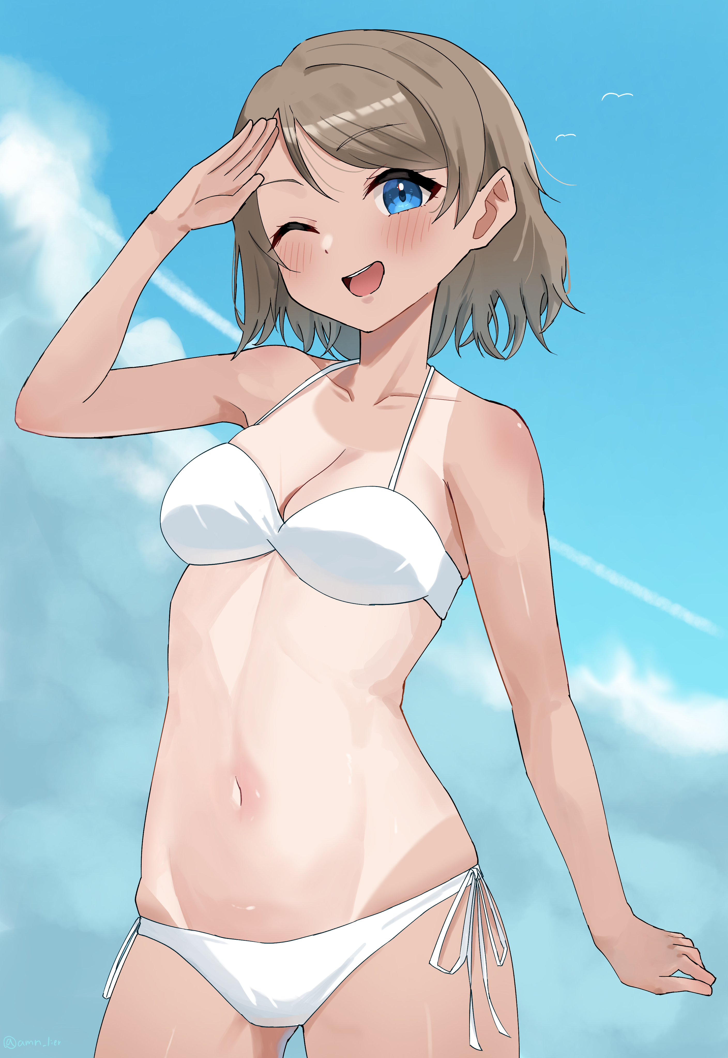 watanabe you, love live!, love live! sunshine!!, absurdres, highres, 1girl, amano lier, arm up, armpit crease, bikini, bird, bird wings, blue eyes, blue sky, breasts, brown hair, cleavage, cloud, cloudy sky, collarbone, contrail, dot nose, gluteal fold, grey hair, looking at viewer, medium breasts, navel, one-piece tan, one eye closed, open mouth, outdoors, salute, seagull, short hair, side-tie bikini bottom, sky, smile, solo, stomach, swimsuit, tan, tanline, teeth, thighs, toned, toned female, tongue, upper teeth only, wavy hair, white bikini, wings