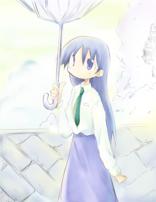kajiwara sora, sketchbook full colors, 00s, 1girl, closed mouth, female focus, long hair, long skirt, necktie, skirt, solo, umbrella