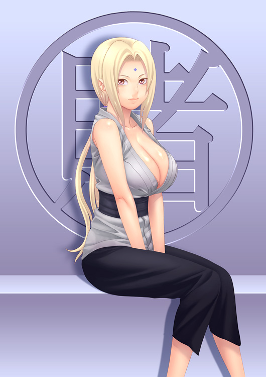 yuzuriha (active homing), tsunade (naruto), naruto (classic), naruto (series), 1girl, blonde hair, breasts, cleavage, facial mark, feet out of frame, female focus, forehead mark, huge breasts, long hair, looking at viewer, mature female, red eyes, sideboob, sitting, smile, solo