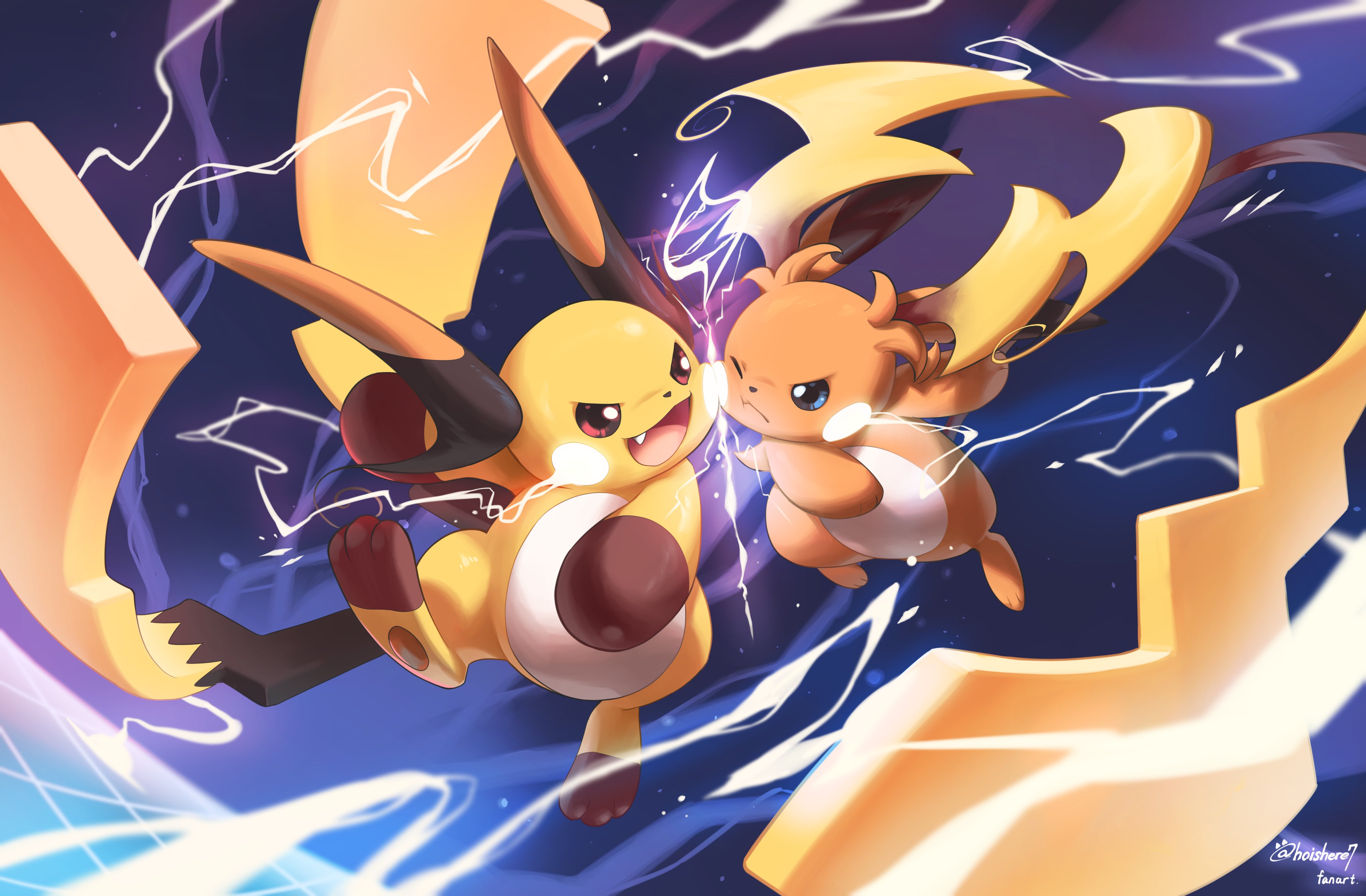 hoishere7, mega raichu x, mega raichu y, raichu, nintendo, pokemon, absurdres, highres, blue eyes, closed mouth, electricity, fang, gen 1 pokemon, lightning bolt symbol, mega pokemon, multiple tails, no humans, one eye closed, orange fur, pokemon (creature), pokemon focus, red eyes, smile, tail, v-shaped eyes, very long ears, very long tail, yellow fur