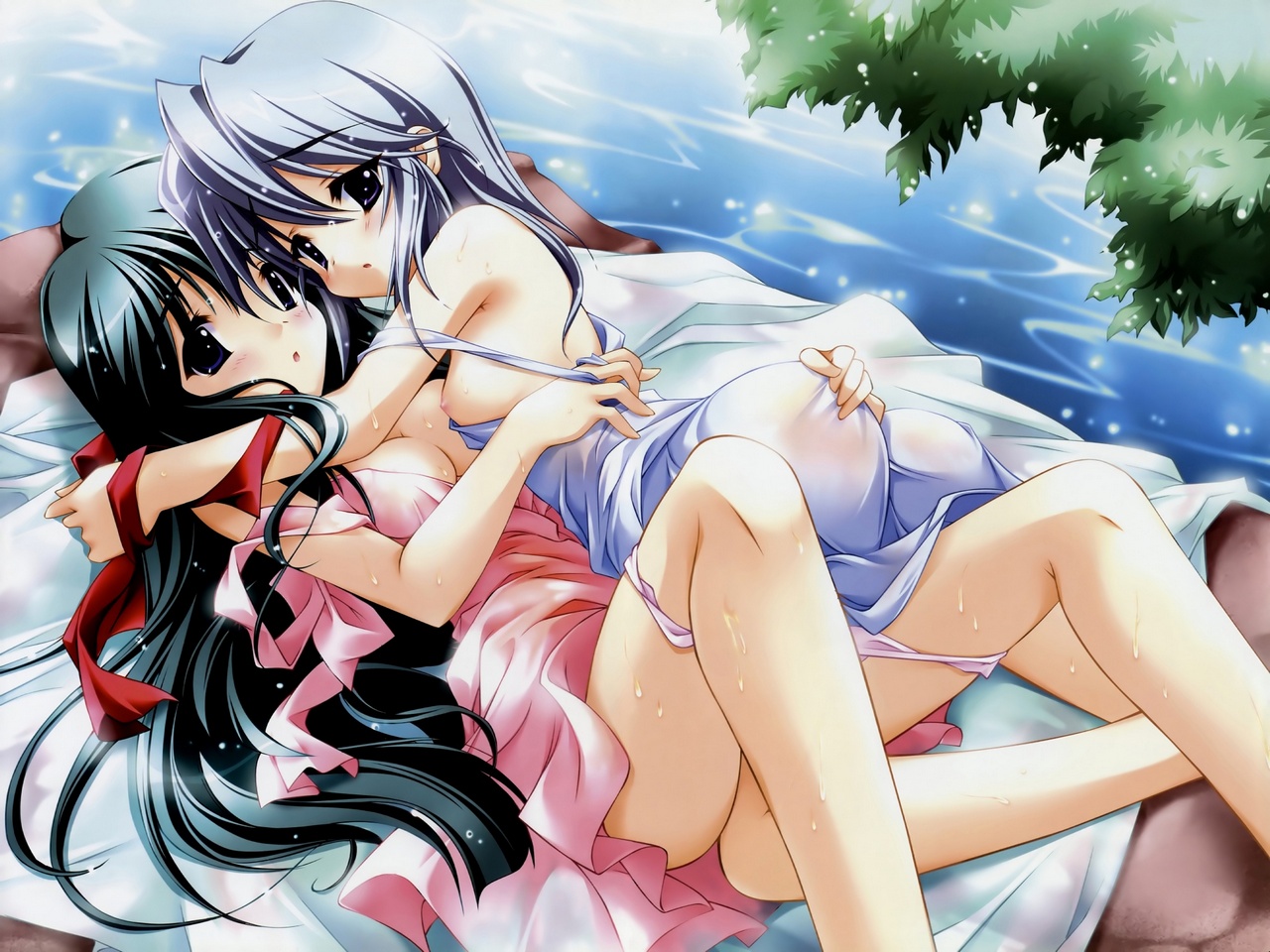 fujiwara warawara, azuma ayami, yuuki miyako, natsu shoujo, 2girls, breasts, long hair, multiple girls, nipples, panties, panty pull, small breasts, underwear, yuri