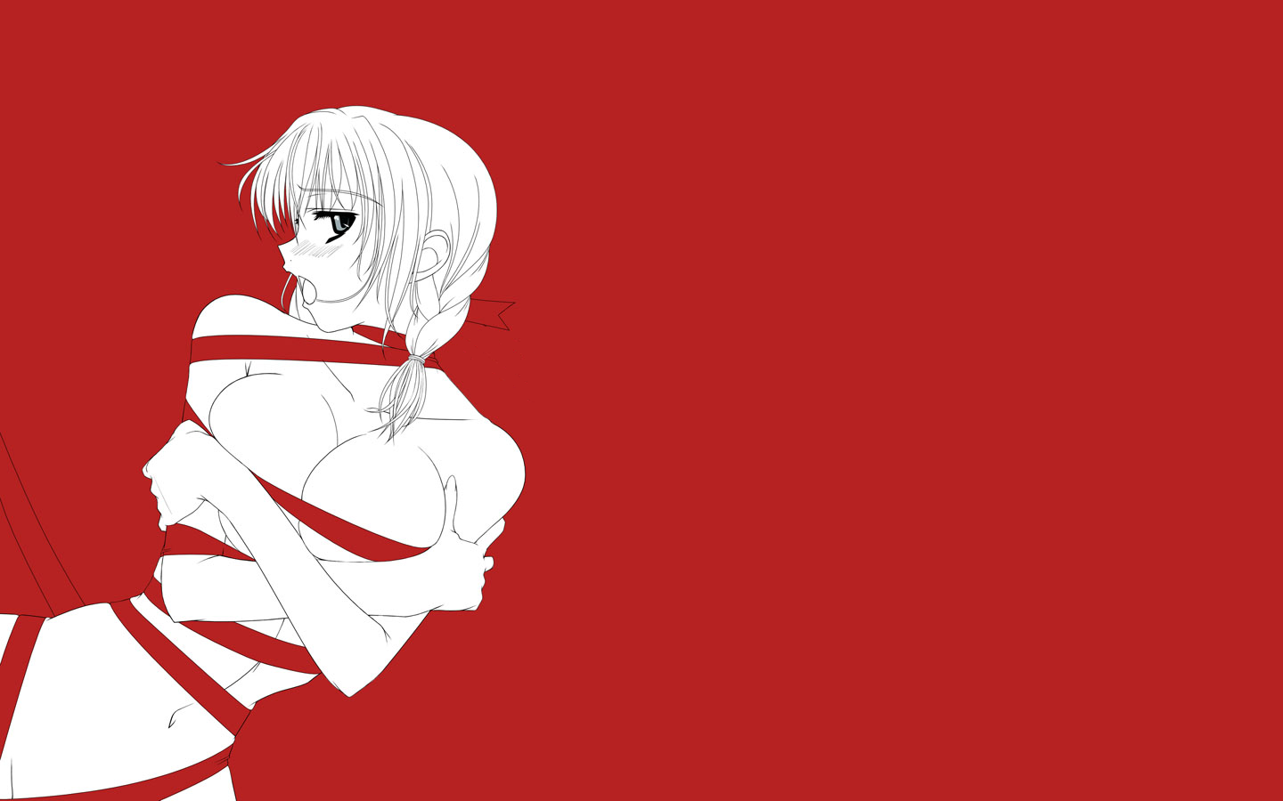 breast hold, 1girl, blush, breasts, female focus, large breasts, lineart, monochrome, naked ribbon, nude, open mouth, red background, red theme, ribbon, solo