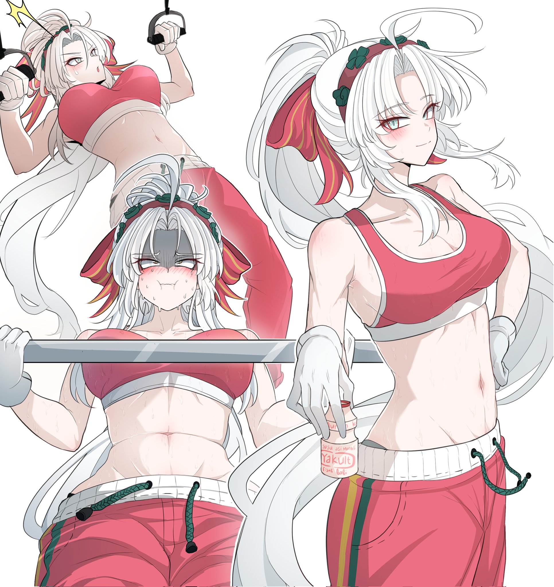 nort muhehehe, carlotta (wuthering waves), wuthering waves, yakult, commentary, highres, symbol-only commentary, 1girl, :t, ahoge, alternate costume, alternate hairstyle, aqua eyes, bare shoulders, blush, bottle, bow, breasts, cleavage, closed mouth, collarbone, exercising, gloves, hair bow, hairband, hand on own hip, holding, holding bottle, large breasts, leaning back, linea alba, long hair, looking at viewer, multiple views, navel, pants, parted bangs, partially shaded face, pink bow, pink hairband, pink pants, pink sports bra, ponytail, rolling eyes, simple background, smile, sports bra, stomach, striped bow, sweat, toned, toned female, very long hair, weightlifting, white background, white gloves, white hair