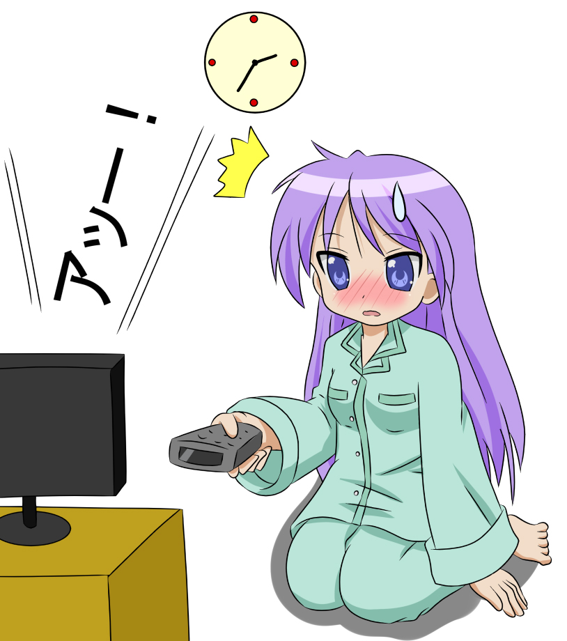 hiiragi kagami, lucky star, 00s, blush, controller, embarrassed, pajamas, purple hair, remote control, solo, sweatdrop, television