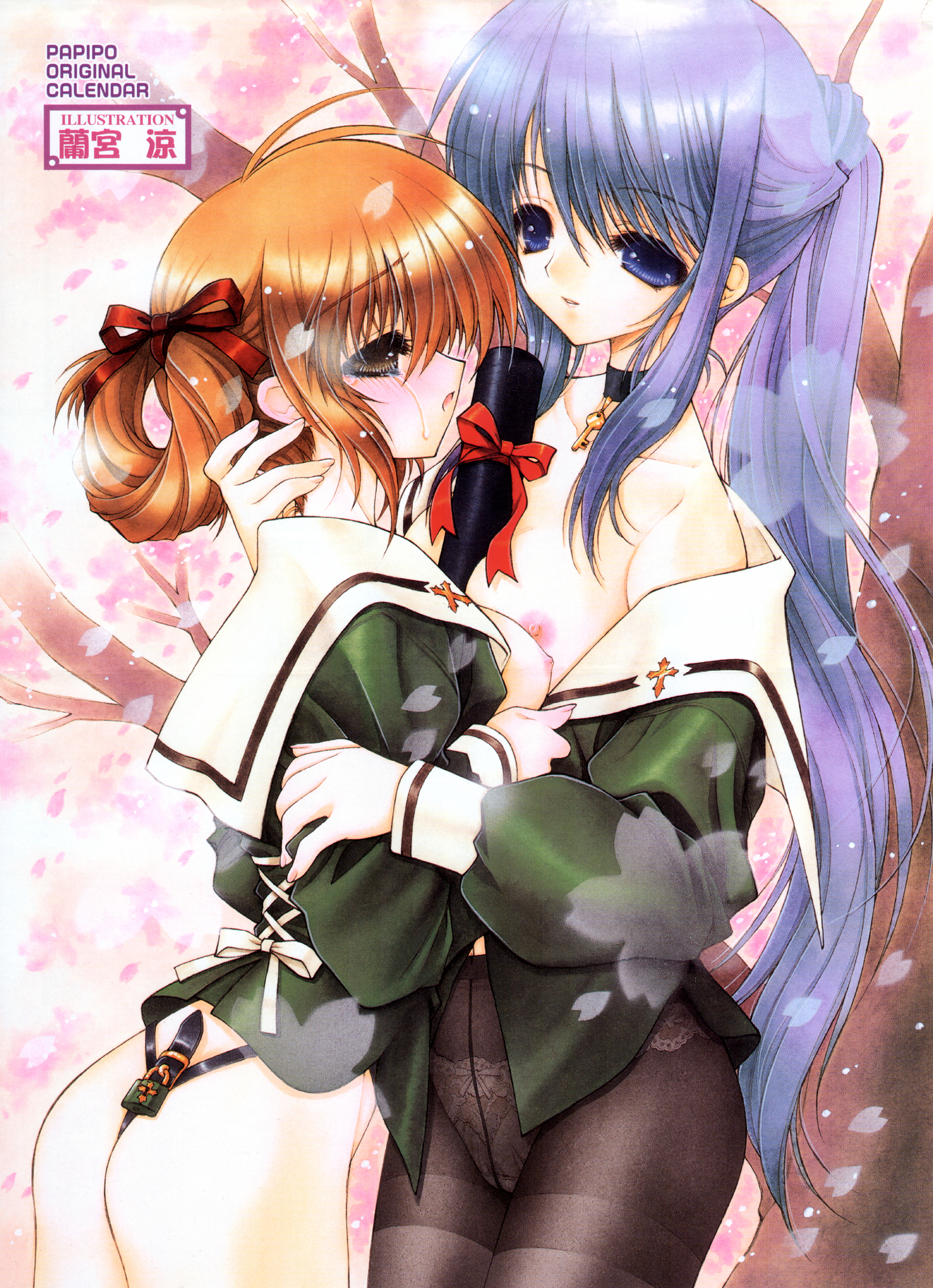 ramiya ryou, original, absurdres, highres, 2girls, bdsm, between breasts, blue eyes, blue hair, blush, bow, breast press, breasts, brown eyes, brown hair, chastity belt, cherry blossoms, cross, crotch seam, hug, key, latin cross, long hair, multiple girls, nipples, panties, panties under pantyhose, pantyhose, ribbon, school uniform, serafuku, short hair, small breasts, symmetrical docking, tears, thighband pantyhose, thong, underwear, yuri