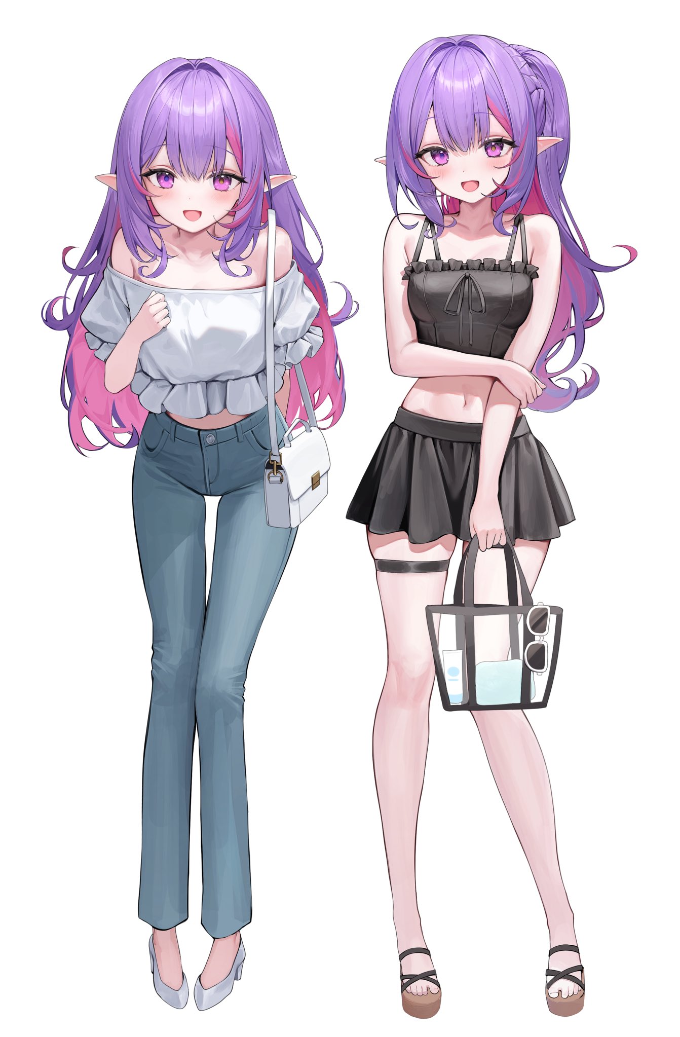 iruka3, skinny jeans, commentary request, copyright request, highres, 1girl, :d, aisaki nia, black shirt, black skirt, blush, breasts, collarbone, colored inner hair, crop top, dot nose, full body, high heels, long hair, looking at viewer, midriff, miniskirt, multicolored hair, multiple views, navel, open mouth, pink hair, platform sandals, pointy ears, purple eyes, purple hair, sandals, shirt, simple background, skirt, small breasts, smile, solo, standing, strapless, strapless shirt, thigh gap, virtual youtuber, white background, white shirt
