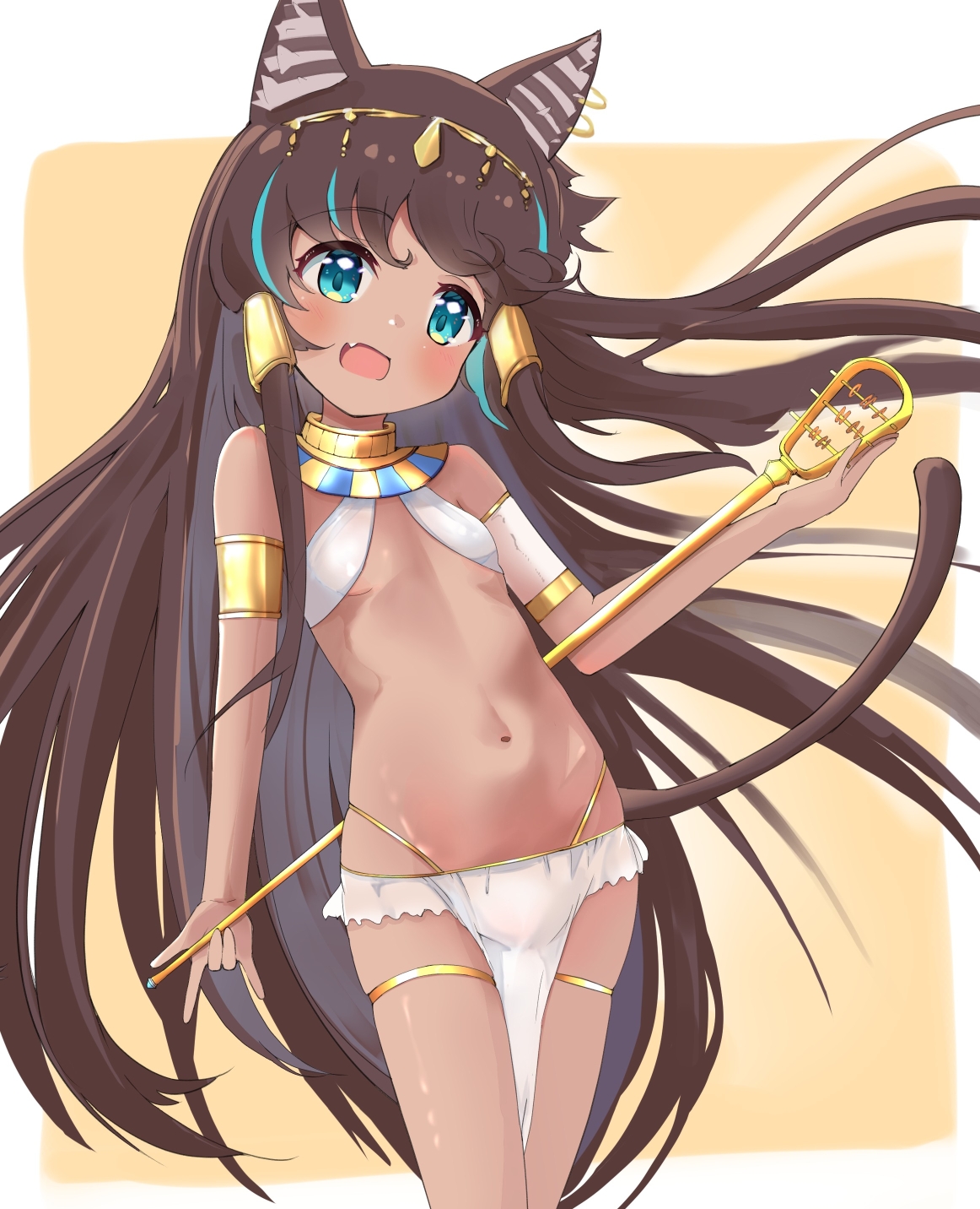 kiyoharu lp, original, highres, 1girl, ancient egyptian, ancient egyptian clothes, animal ears, breasts, brown hair, cat ears, cat girl, cat tail, dark-skinned female, dark skin, fang, if you want to become a godly artist (trend), long hair, navel, open mouth, small breasts, solo, tail, very long hair