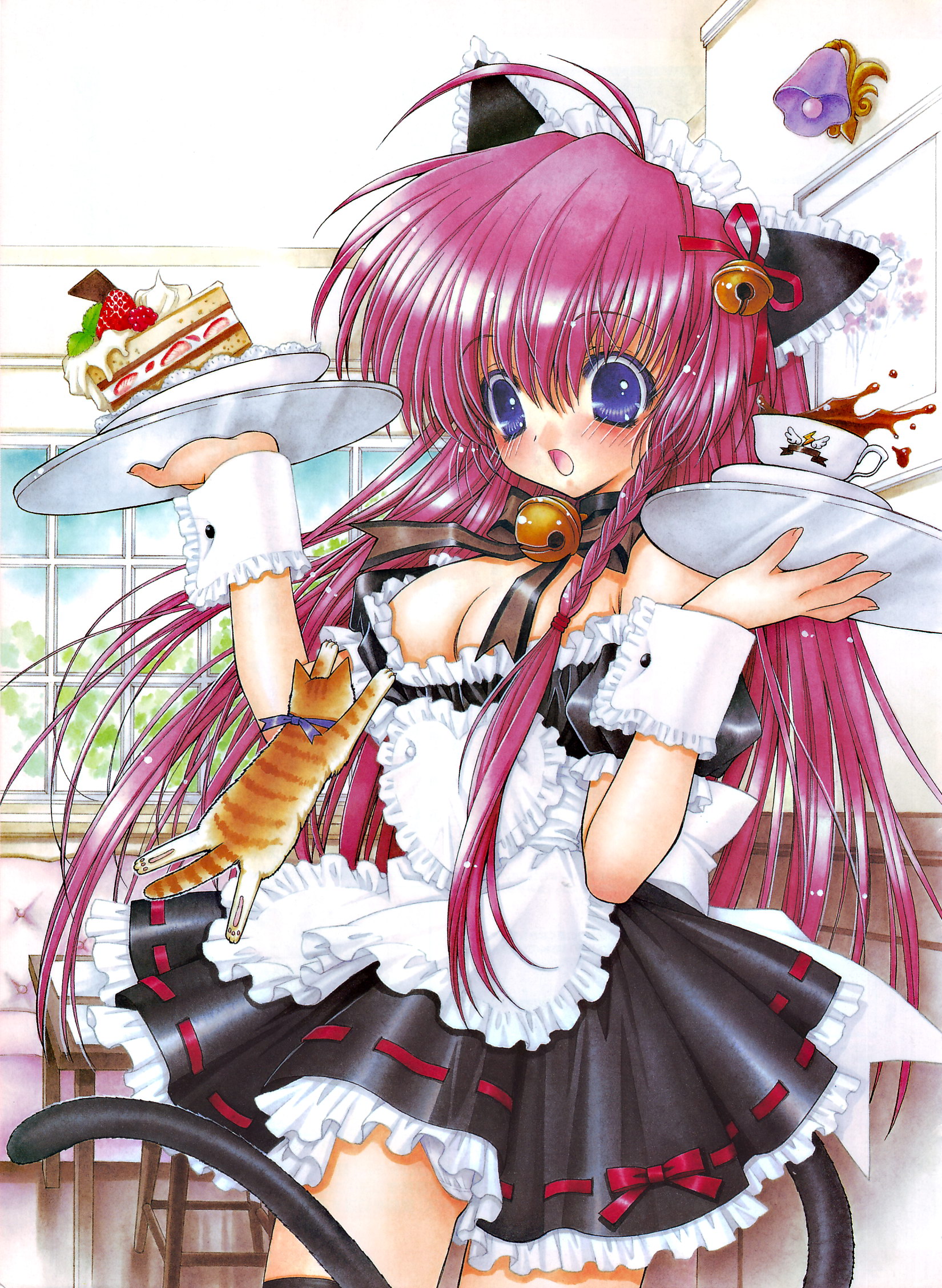 ramiya ryou, highres, 1girl, ahoge, animal ears, apron, bell, blue eyes, blush, bow, braid, breasts, cake, cat, cat ears, cat tail, cleavage, cuffs, female focus, food, frills, large breasts, long hair, maid, maid apron, pastry, pink hair, ribbon, solo, spill, surprised, tail, tea, waitress, wrist cuffs