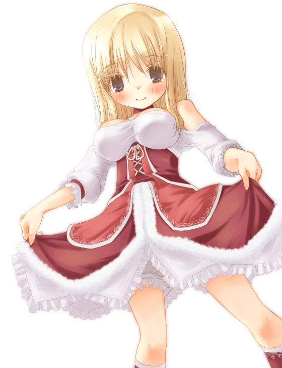 wazawogi (wzog), 1girl, blonde hair, blush, breasts, brown eyes, cleavage, clothes lift, dress, female focus, large breasts, skirt, skirt lift, solo