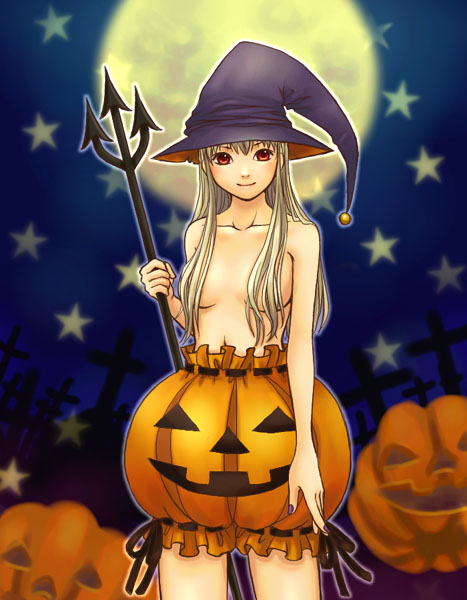 ayumi k, 1girl, blonde hair, brown eyes, censored, convenient censoring, female focus, hair censor, hair over breasts, halloween, hat, jack-o'-lantern, moon, polearm, pumpkin, pumpkin-shaped pants, solo, spear, topless female, trident, weapon, witch hat