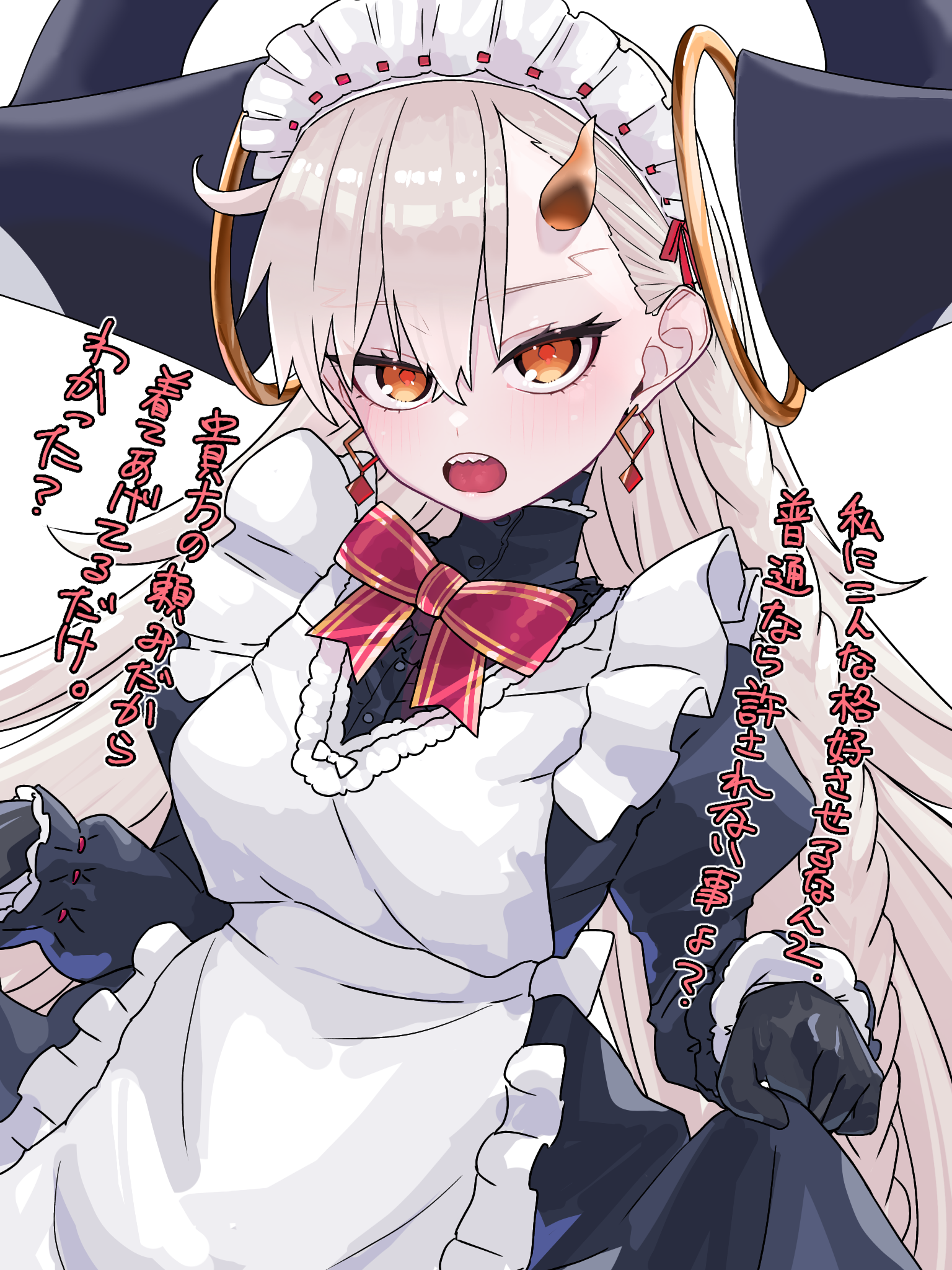 niwaikanai, olga marie animusphere, u-olga marie, fate/grand order, fate (series), highres, translation request, 1girl, apron, black dress, black gloves, blush, bow, bowtie, braid, breasts, detached horns, dress, earrings, gloves, horns, jewelry, long hair, long horns, long sleeves, looking at viewer, maid, maid headdress, medium breasts, open mouth, orange eyes, sharp teeth, solo, teeth, very long hair, white apron, white hair